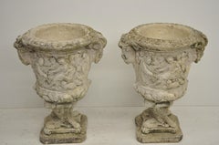 Pair of Figural Concrete Urn Garden Planters Cement Relief Greek Classical Scene
