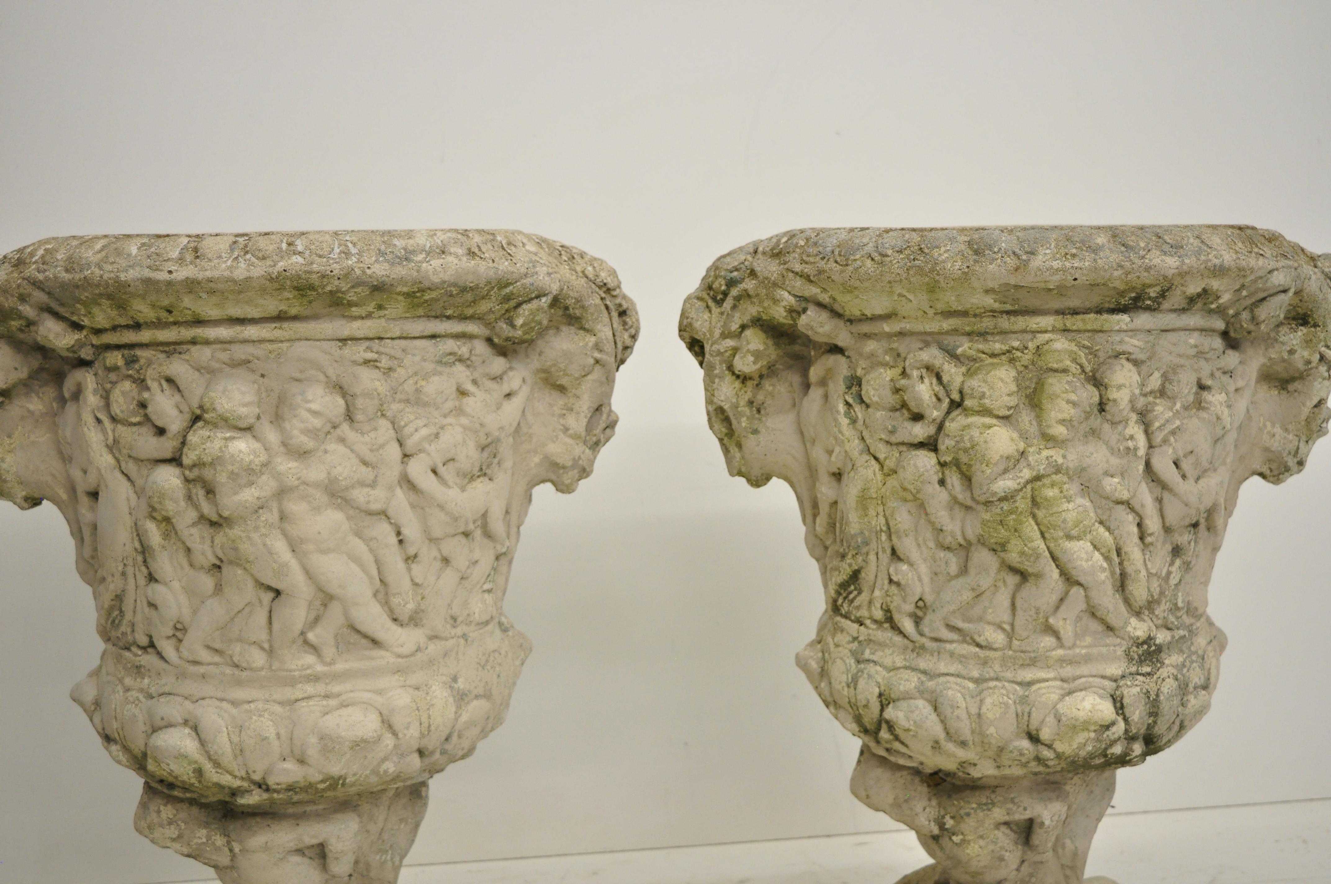 European Pair of Figural Concrete Urn Garden Planters Cement Relief Greek Classical Scene