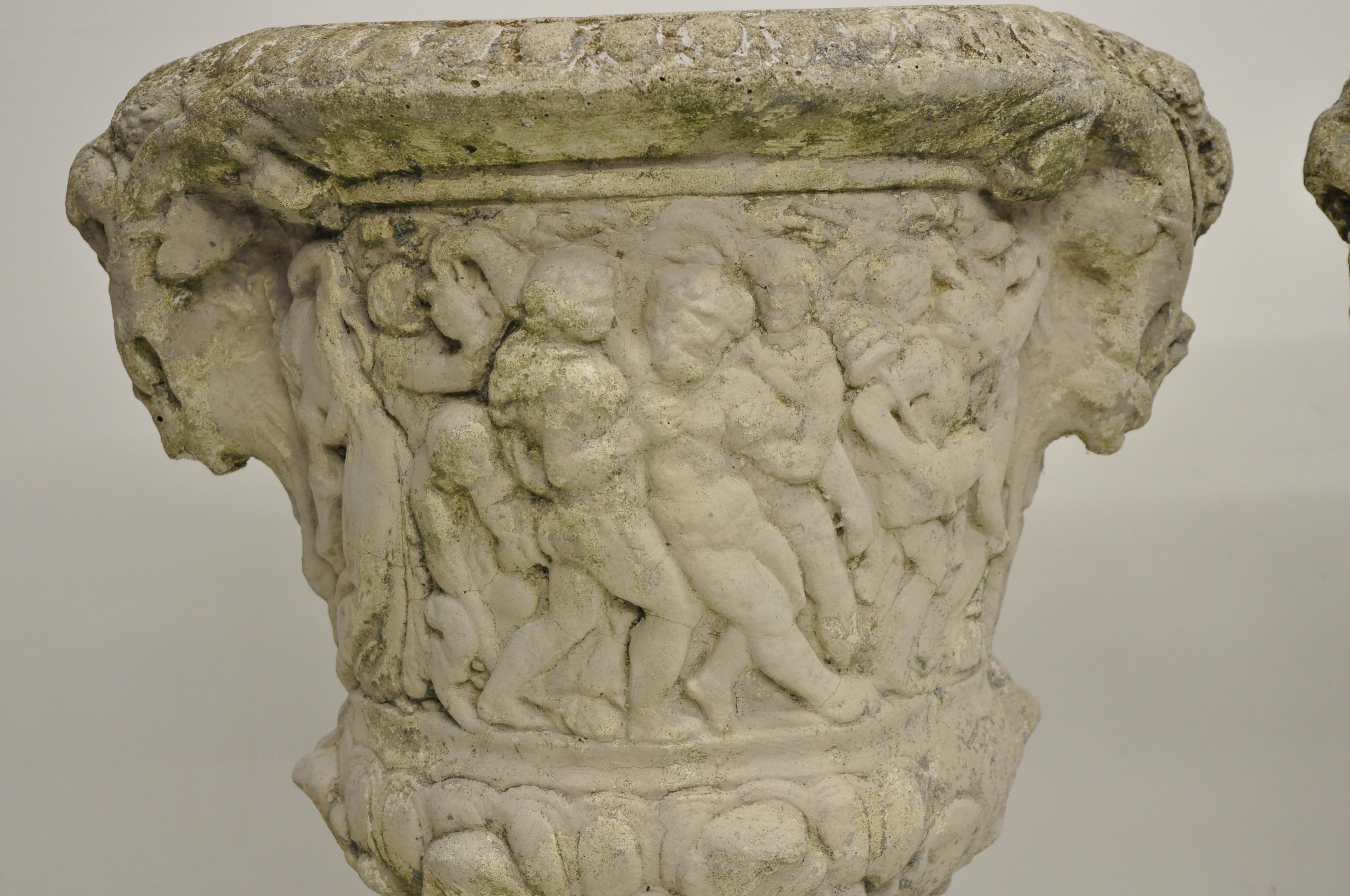 Pair of Figural Concrete Urn Garden Planters Cement Relief Greek Classical Scene In Good Condition In Philadelphia, PA