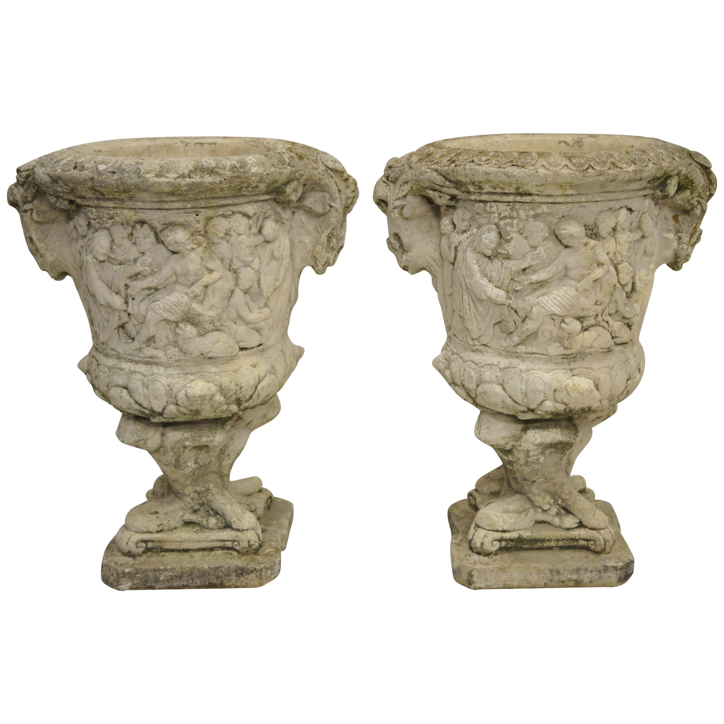 Pair of Figural Concrete Urn Garden Planters Cement Relief Greek Classical Scene