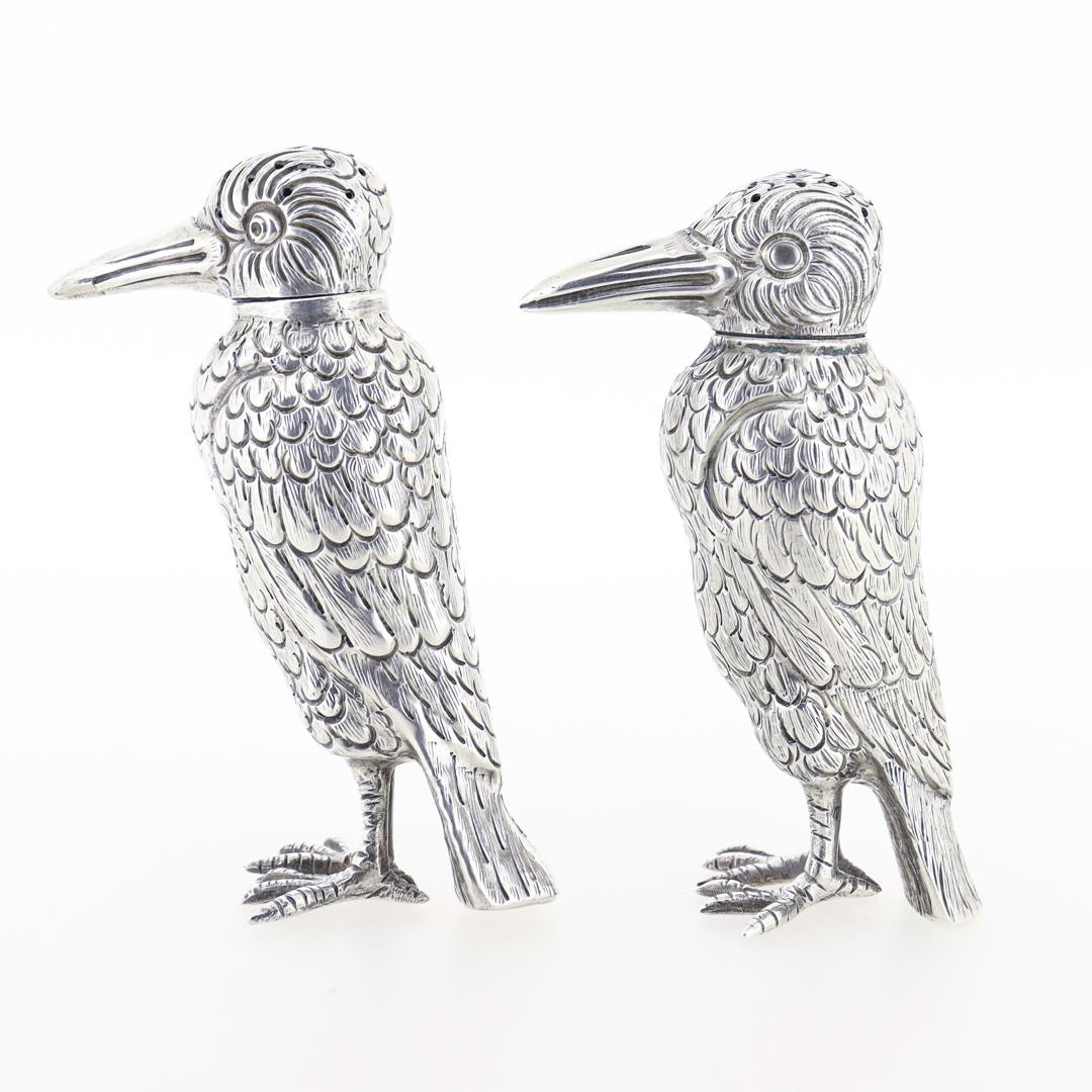 Women's or Men's Pair of Figural Crow (or Bird Shaped) Sterling Silver Salt & Pepper Shakers For Sale