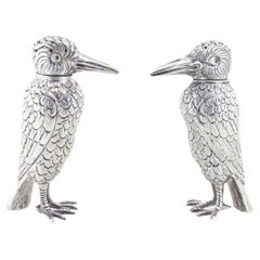 Used Pair of Figural Crow (or Bird Shaped) Sterling Silver Salt & Pepper Shakers