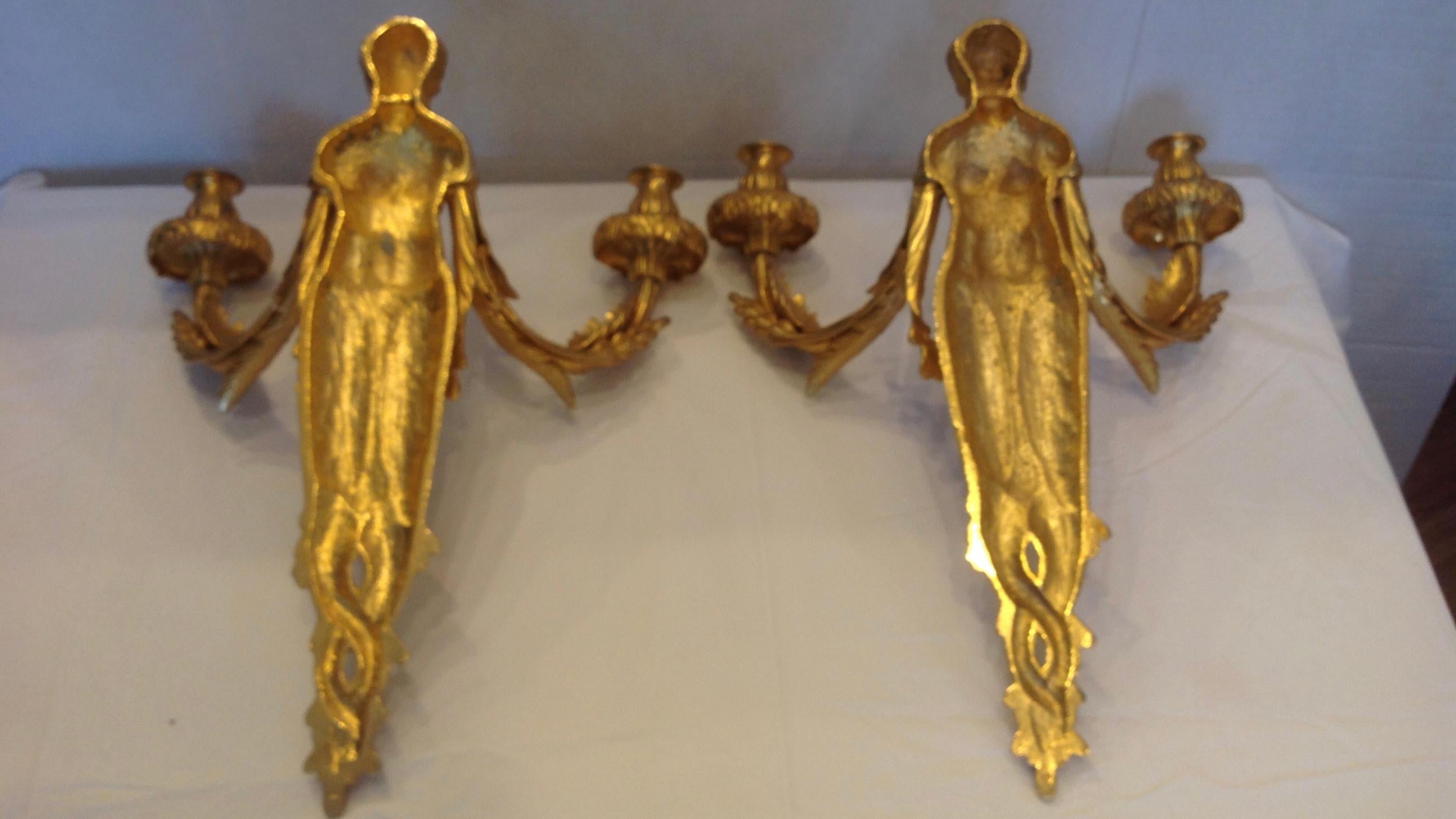 Pair of Figural Dore Bronze Sconces 4