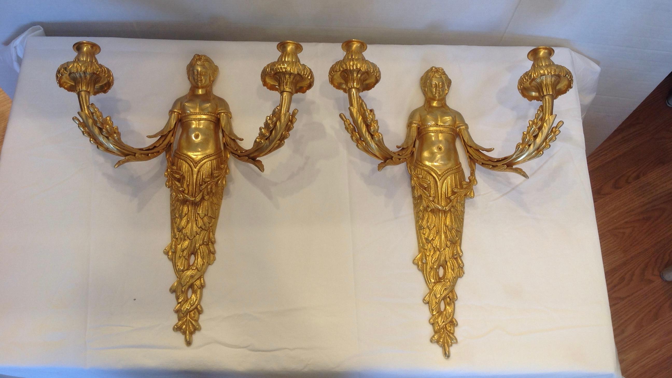 Neoclassical Pair of Figural Dore Bronze Sconces