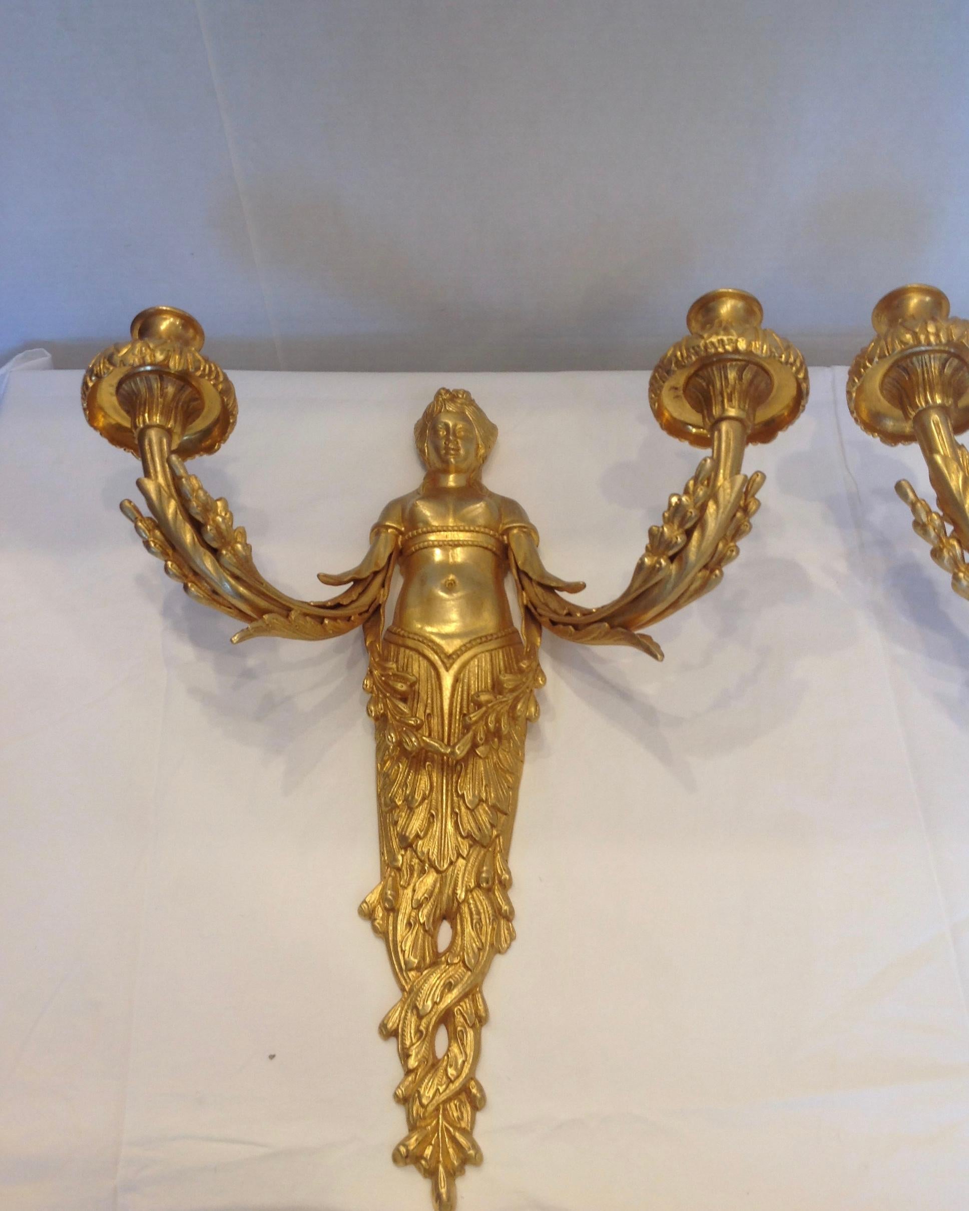 Italian Pair of Figural Dore Bronze Sconces