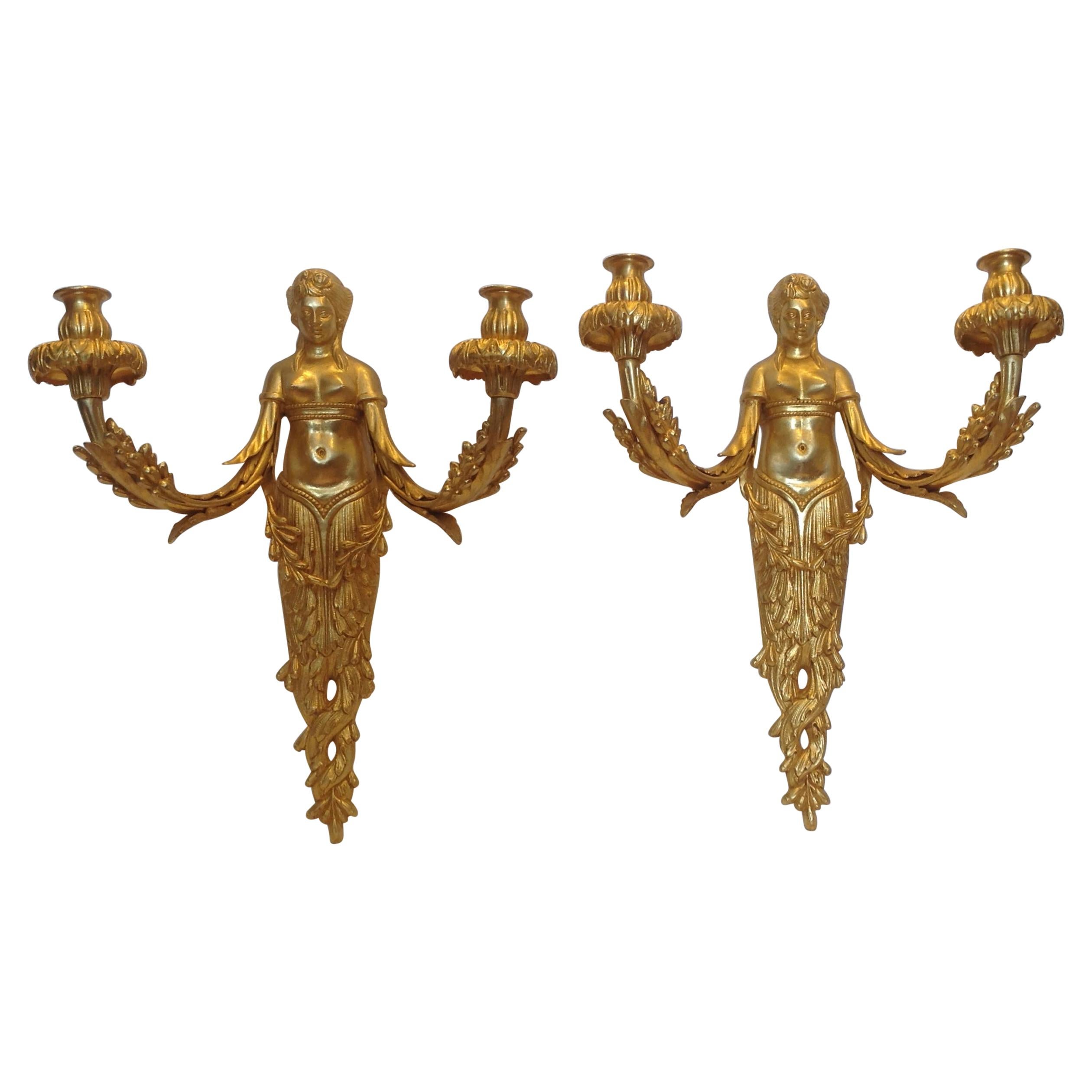 Pair of Figural Dore Bronze Sconces