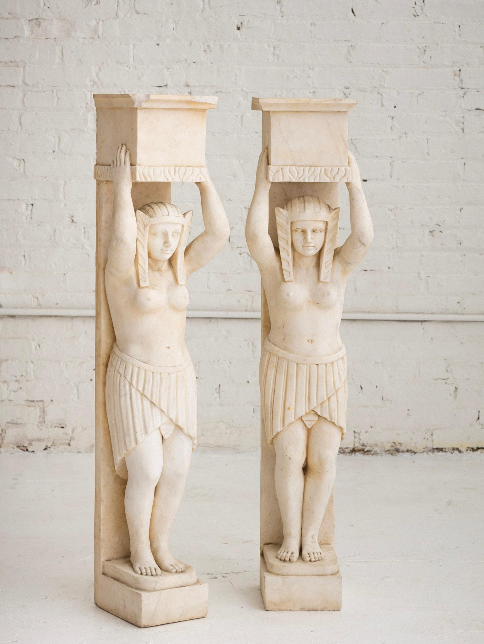 Egyptian Revival Pair of Figural Egyptian Style Marble Fireplace Surrounds
