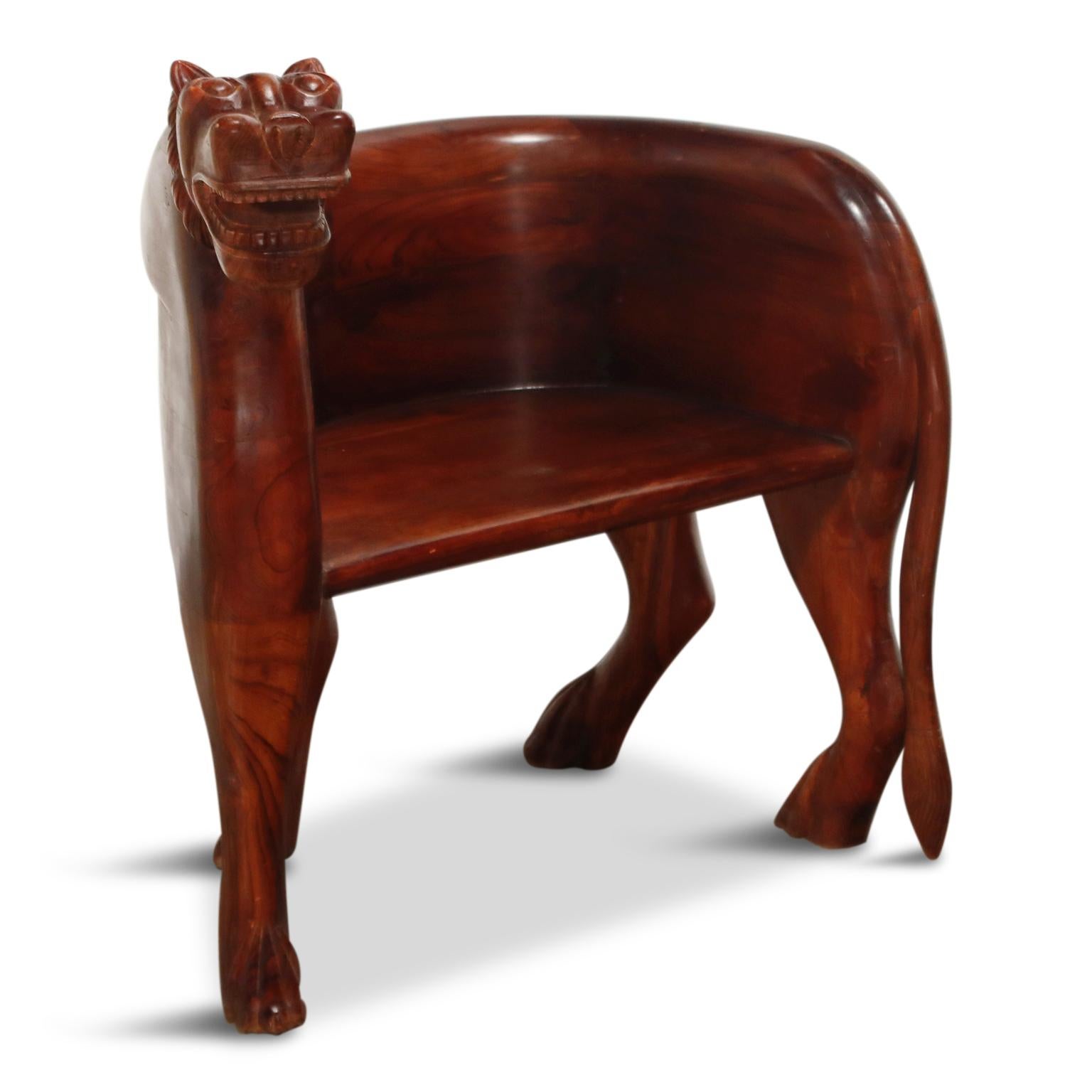 Organic Modern Pair of Figural Full Body Carved Teak Lioness Hunting Lodge Armchairs