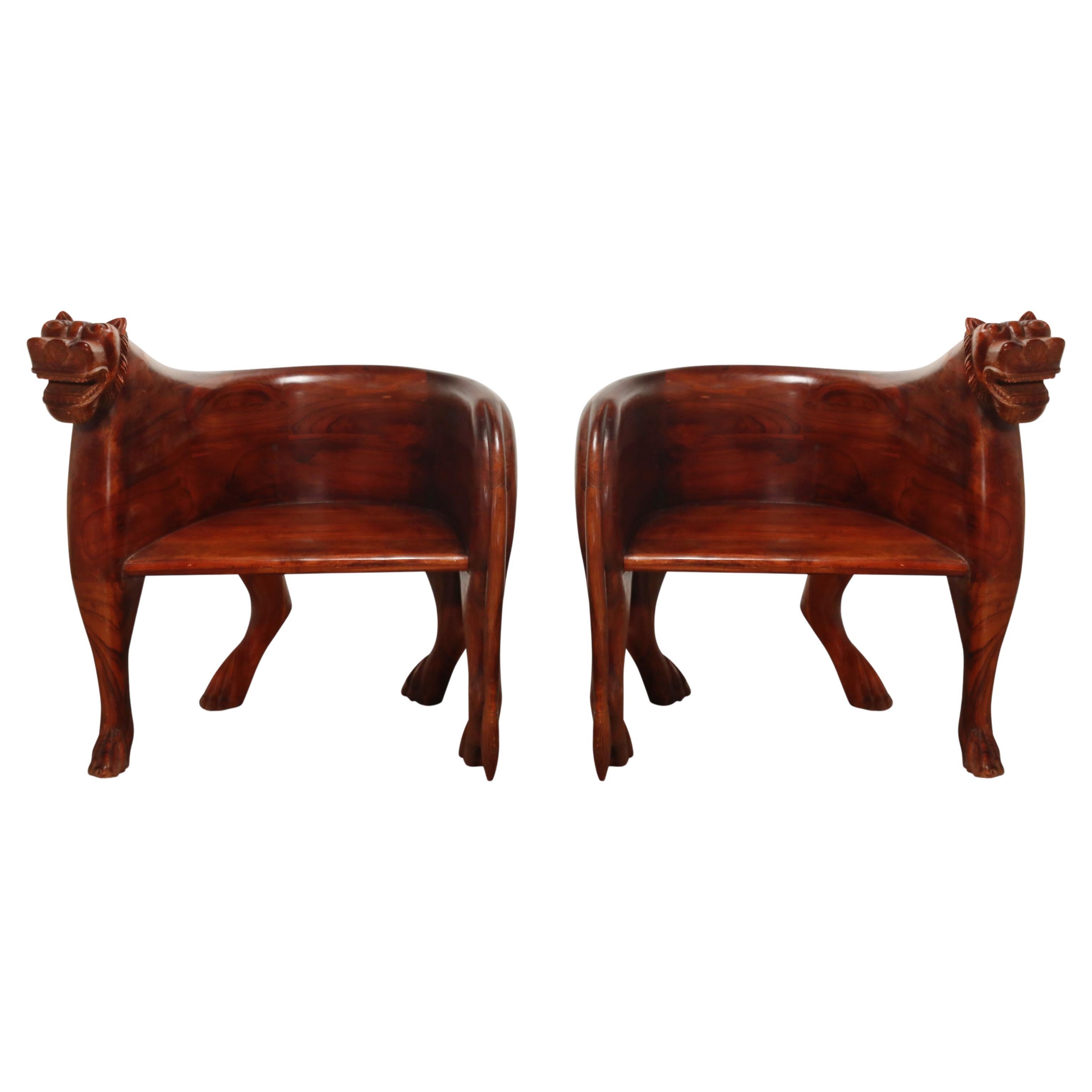 Pair of Figural Full Body Carved Teak Lioness Hunting Lodge Armchairs