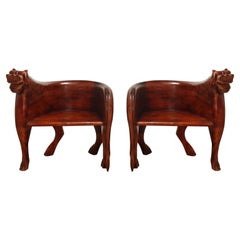 Pair of Figural Full Body Carved Teak Lioness Hunting Lodge Armchairs