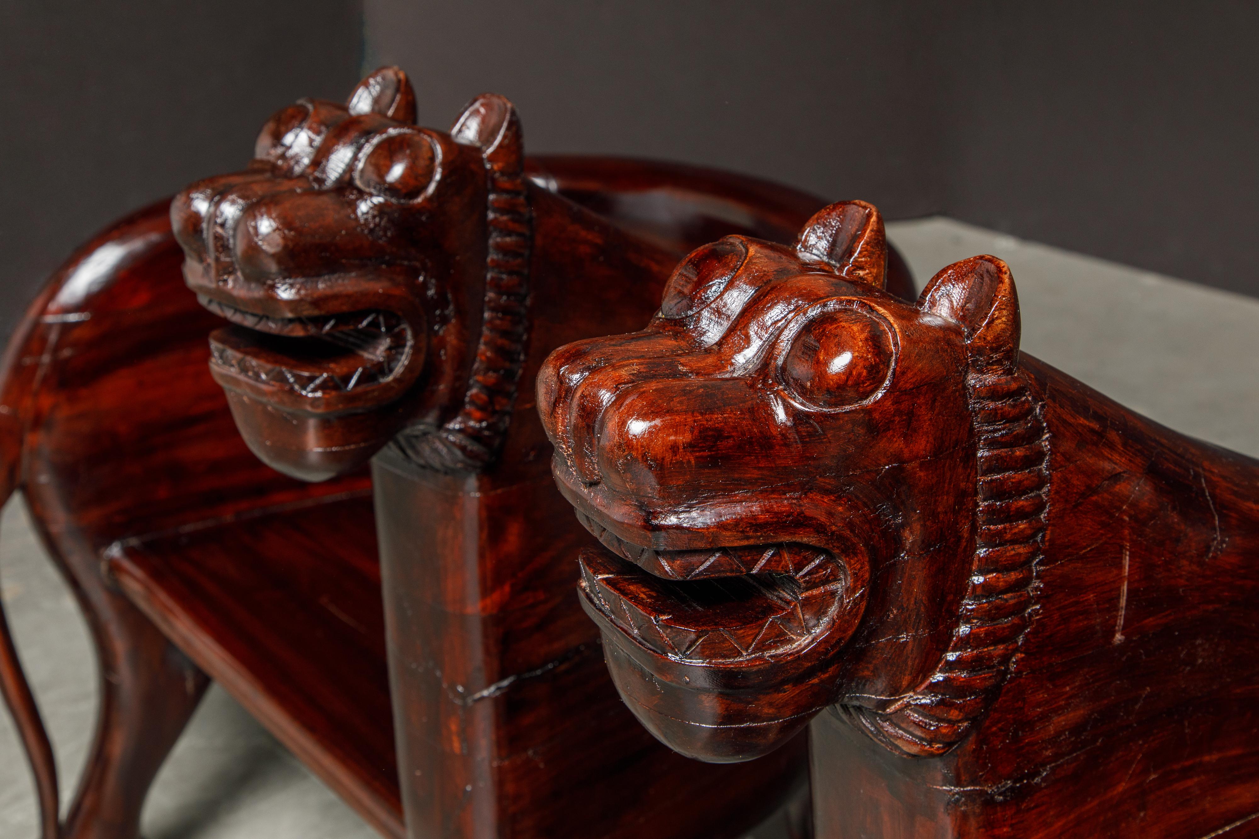 Pair of Figural Full Body Carved Teak Lioness Hunting Lodge Chairs 11