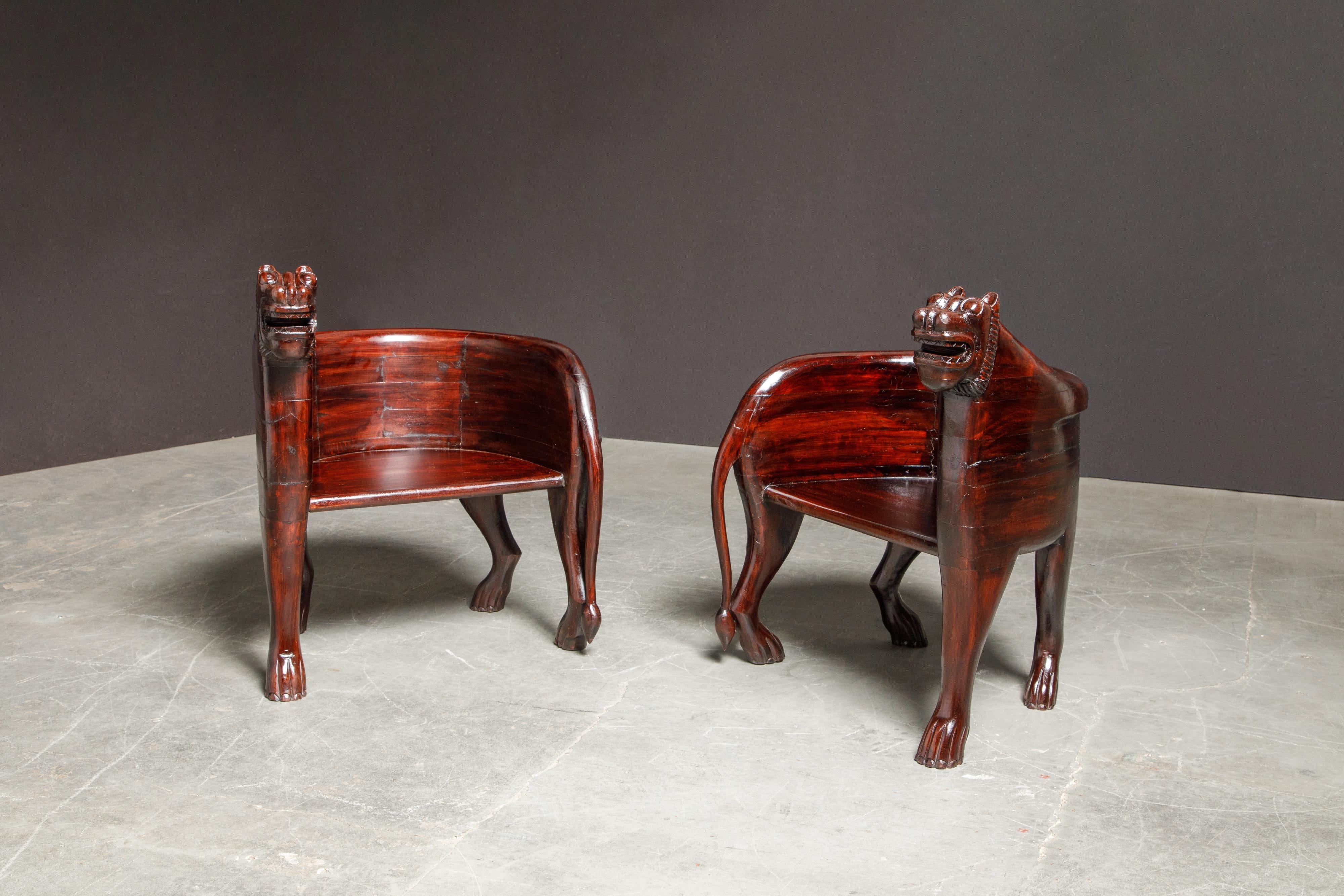 20th Century Pair of Figural Full Body Carved Teak Lioness Hunting Lodge Chairs For Sale