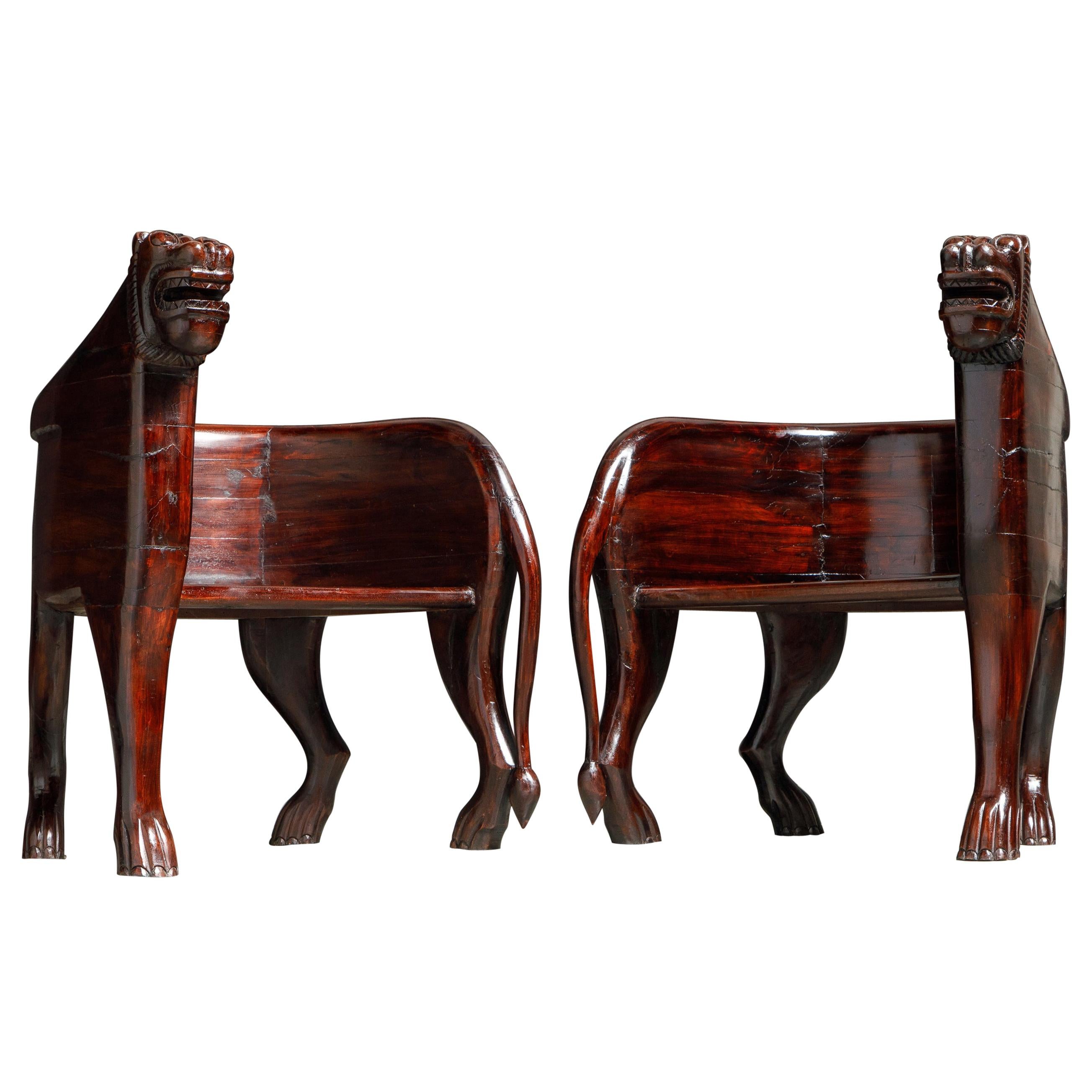 Pair of Figural Full Body Carved Teak Lioness Hunting Lodge Chairs at