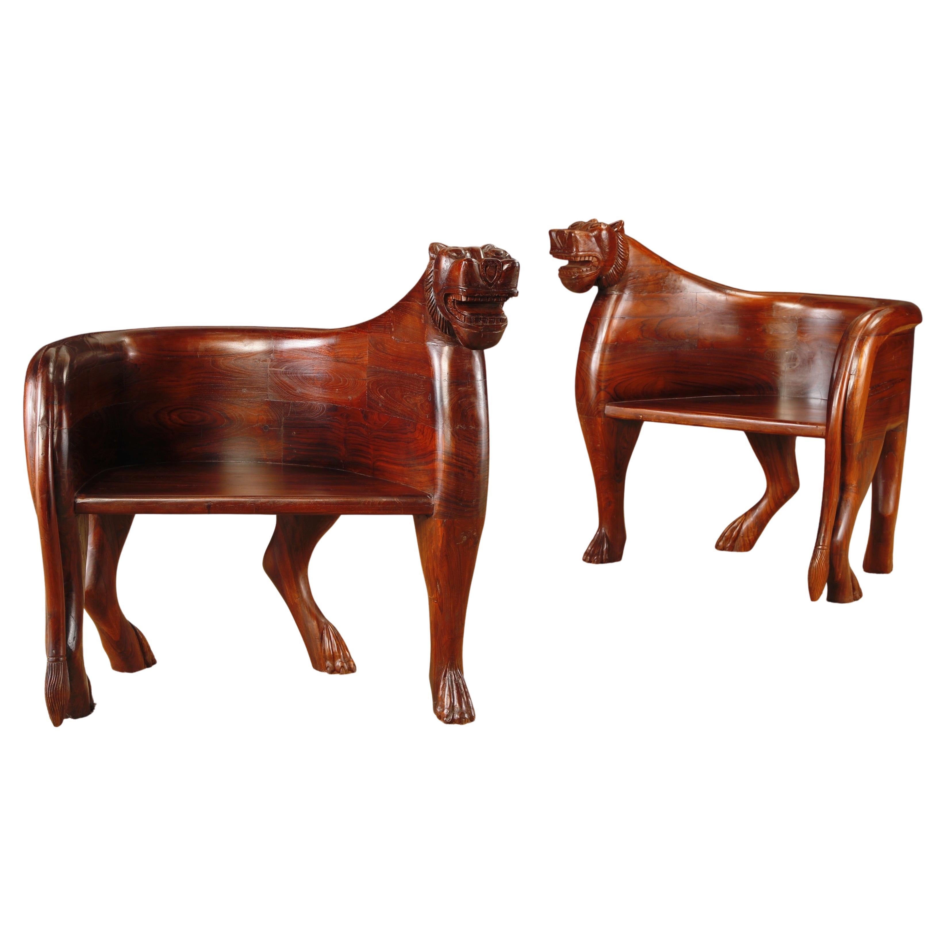 Pair of Figural Full Body Carved Teak Lioness Hunting Lodge Club Chairs For Sale