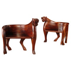 Pair of Figural Full Body Carved Teak Lioness Hunting Lodge Club Chairs