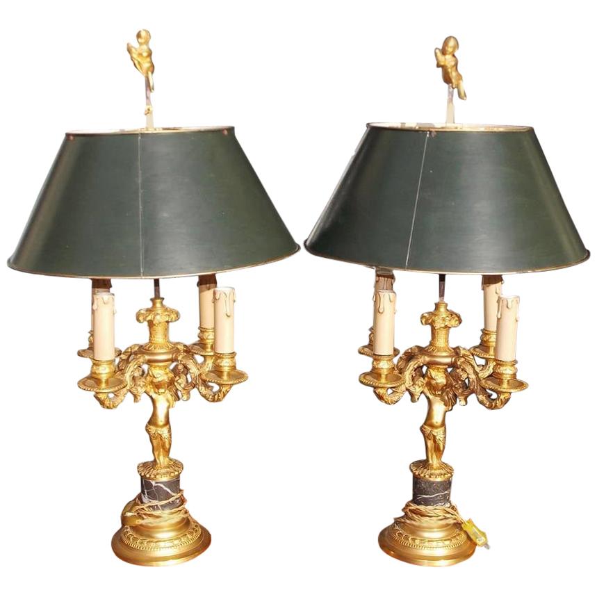 Pair of French Figural Gilt Bronze & Marble Four-Light Bouillotte Lamps, C. 1840 For Sale