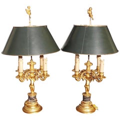Pair of French Figural Gilt Bronze & Marble Four-Light Bouillotte Lamps, C. 1840