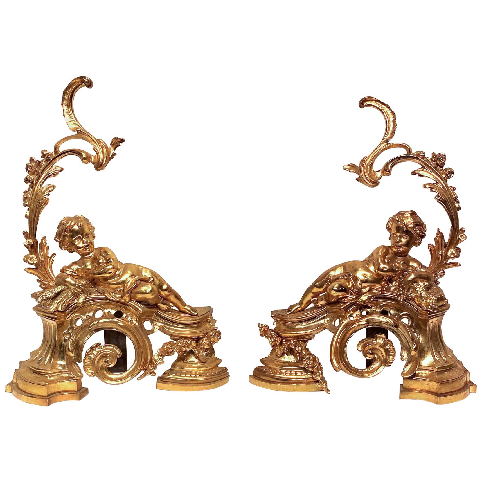 Pair of Figural Louis XV Style Cherub Motif Ormolu Bronze Andirons