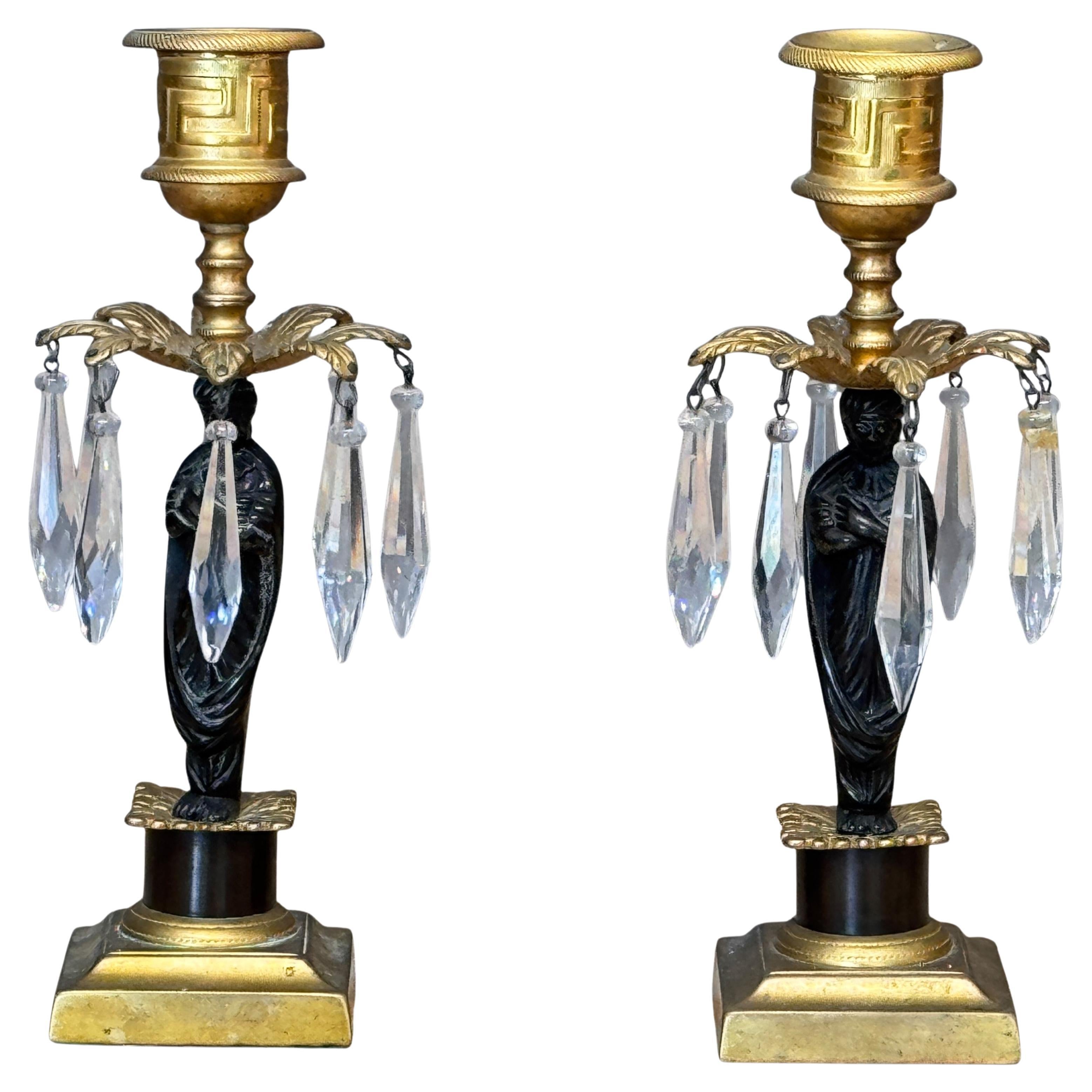 Pair of Figural Ormolu and Patinated Bronze Girandoles en venta