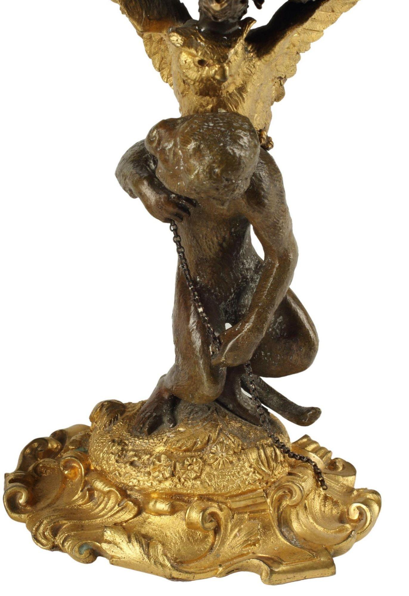 Pair of Figural Patinated & Gilt Bronze Garnitures with Shell-Form Bowl In Good Condition For Sale In Los Angeles, CA