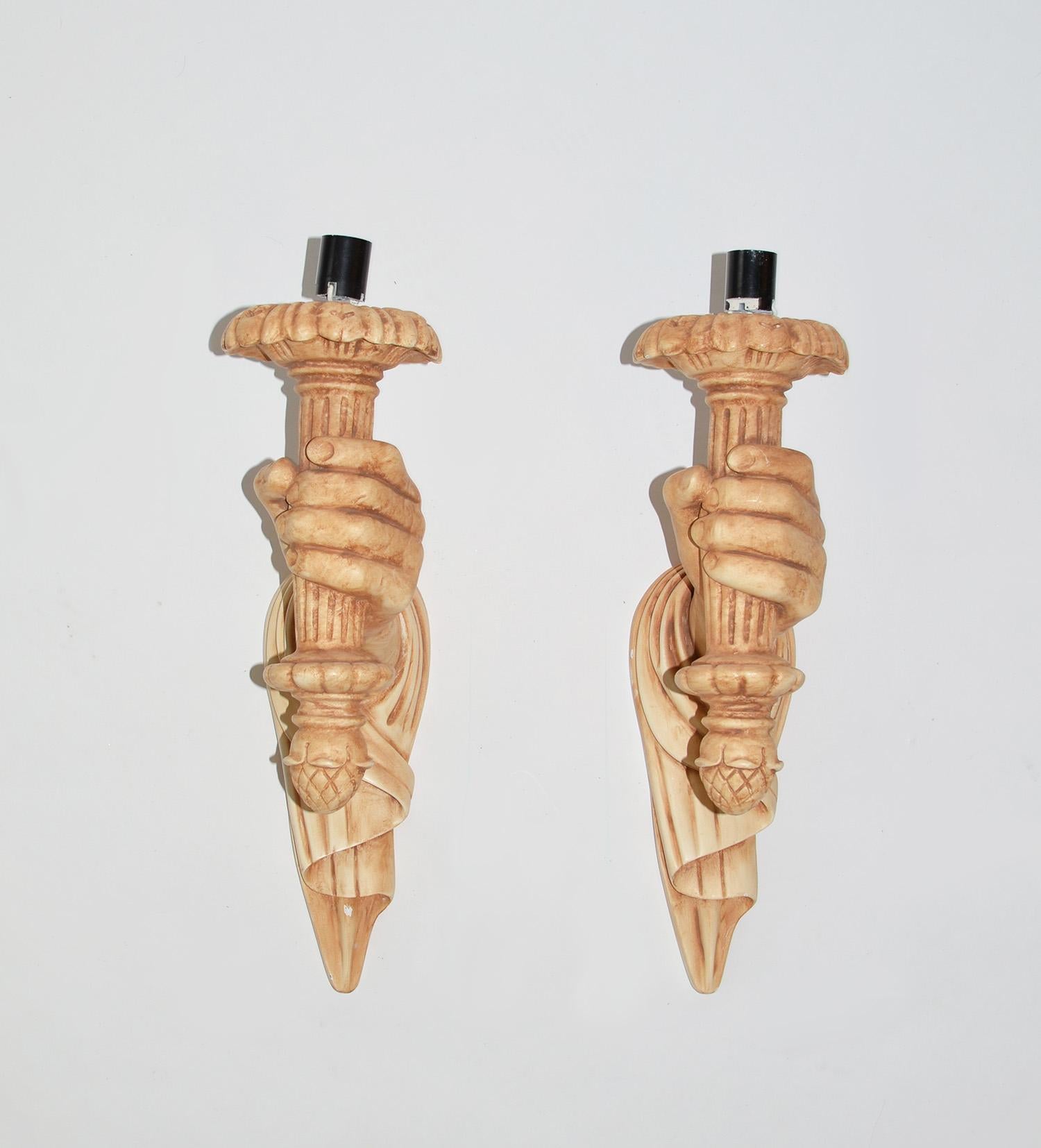 Pair of Plaster Hand & Torch Sconces by Sirmos Style of Jean-Michel Frank 1970s
Pair or set of rare faux painted plaster hand and torch sconces, lights or wall lamps by NY-based Sirmos. Labelled. No shades. Easily painted.  