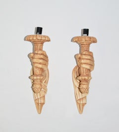 Pair of Plaster Hand & Torch Sconces by Sirmos Style of Jean-Michel Frank 1970s
