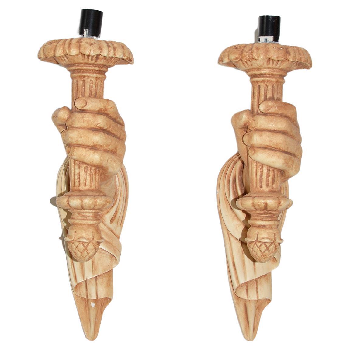 Pair of Plaster Hand & Torch Sconces by Sirmos Style of Jean-Michel Frank 1970s For Sale