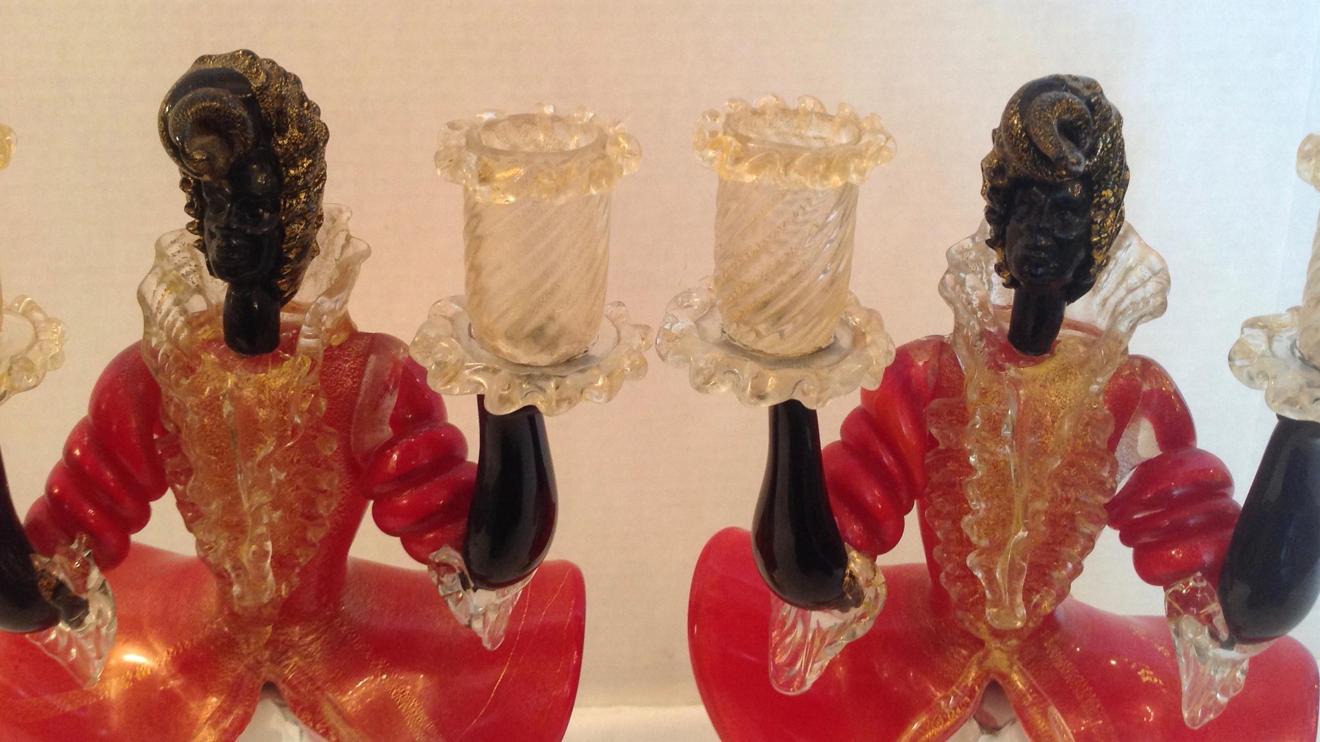 Murano Glass Pair of Figural Venetian Candlesticks