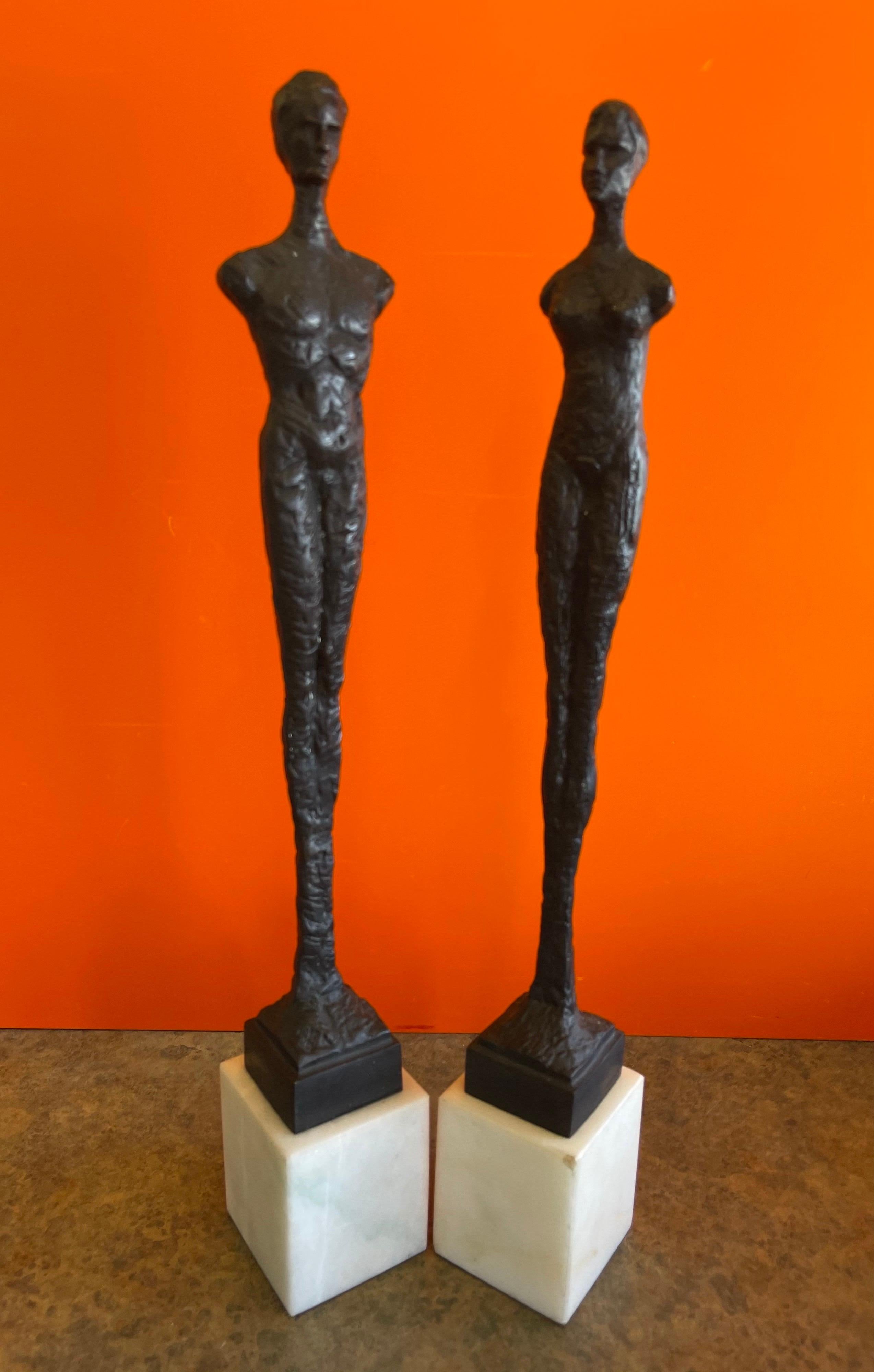 Pair of Figurative Bronze Man & Woman Sculptures in the Style of Giacometti 1