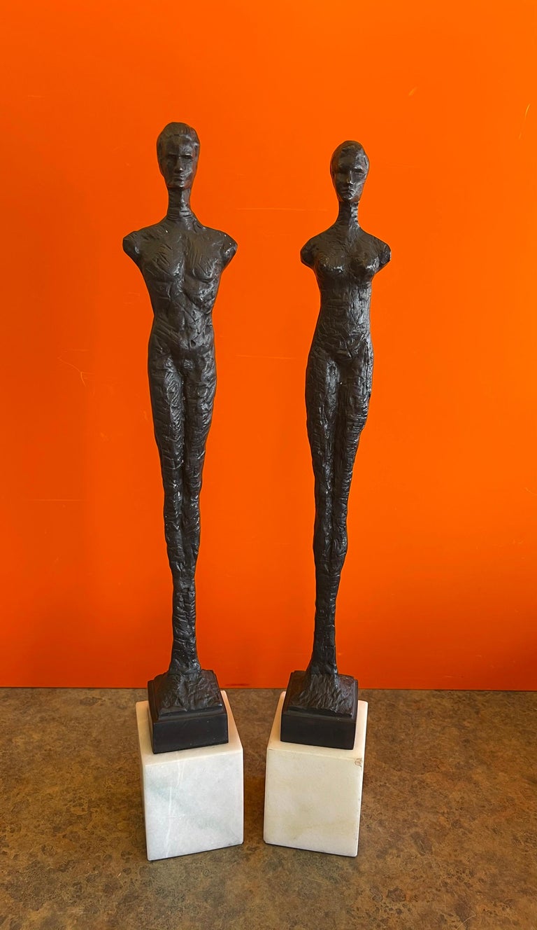 Pair of Figurative Bronze Man and Woman Sculptures in the Style of  Giacometti at 1stDibs