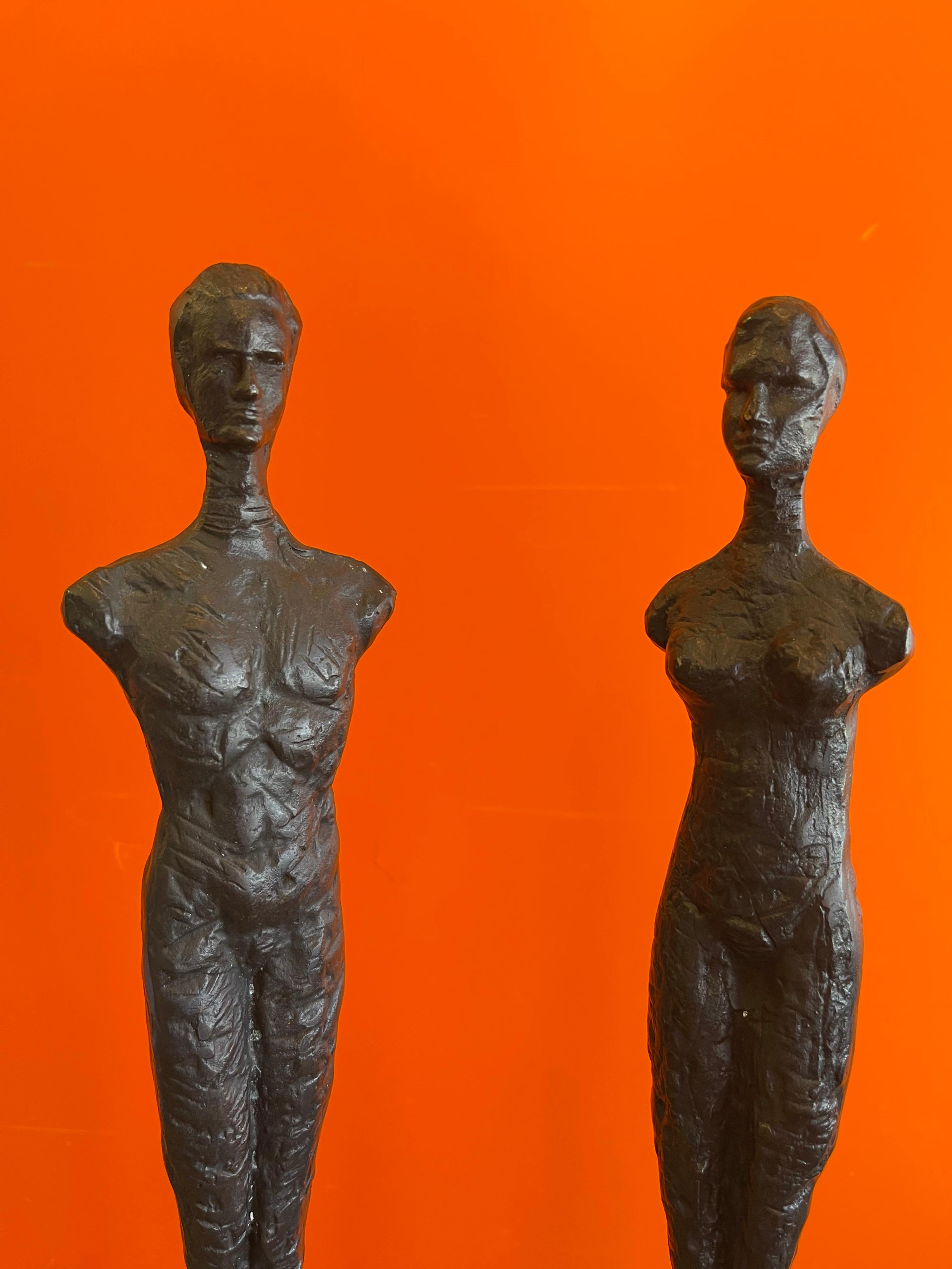 Pair of Figurative Bronze Man & Woman Sculptures in the Style of Giacometti In Good Condition In San Diego, CA