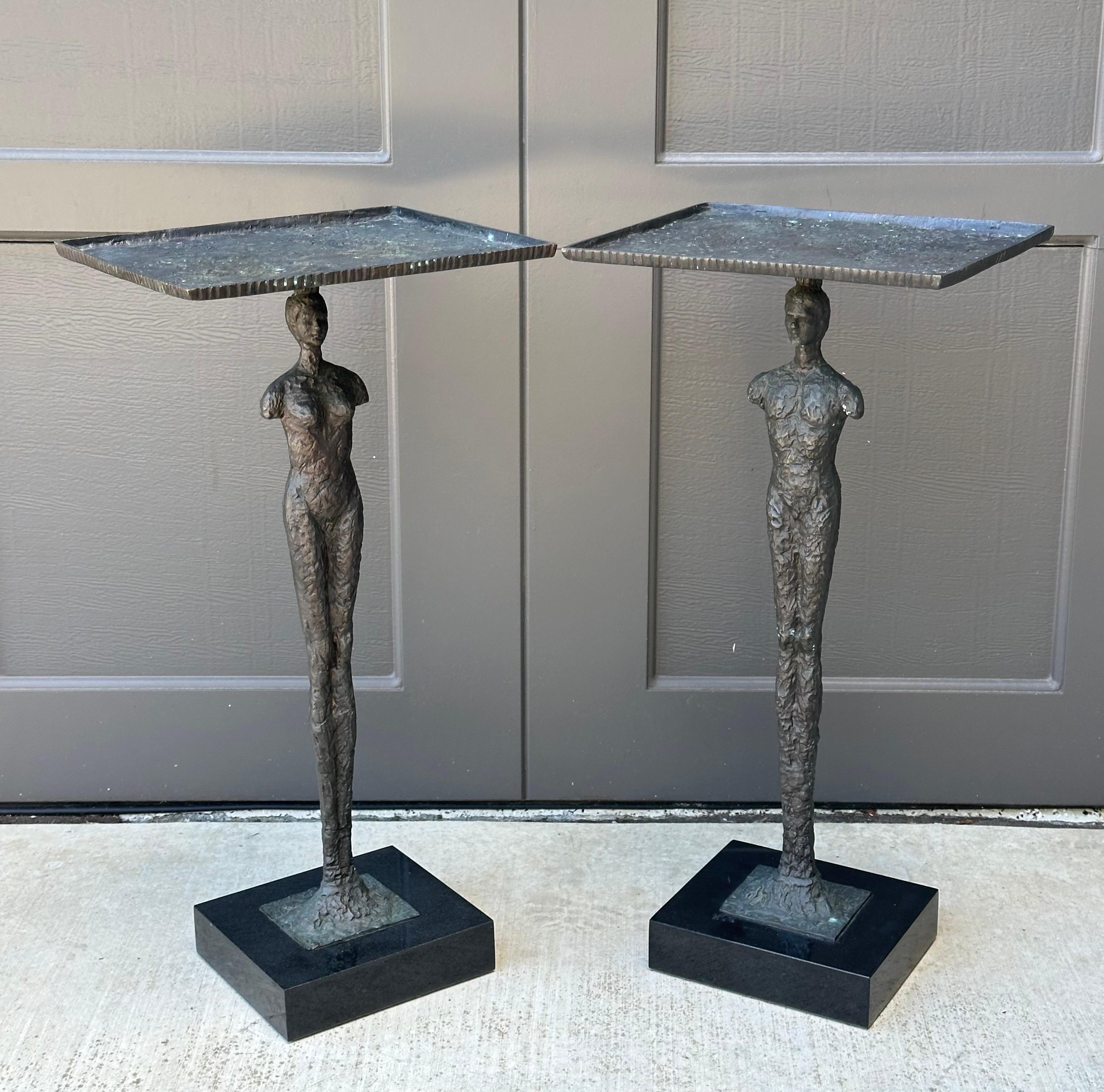 Pair of Figurative Bronze Man & Woman Side Tables in the Style of Giacometti For Sale 3