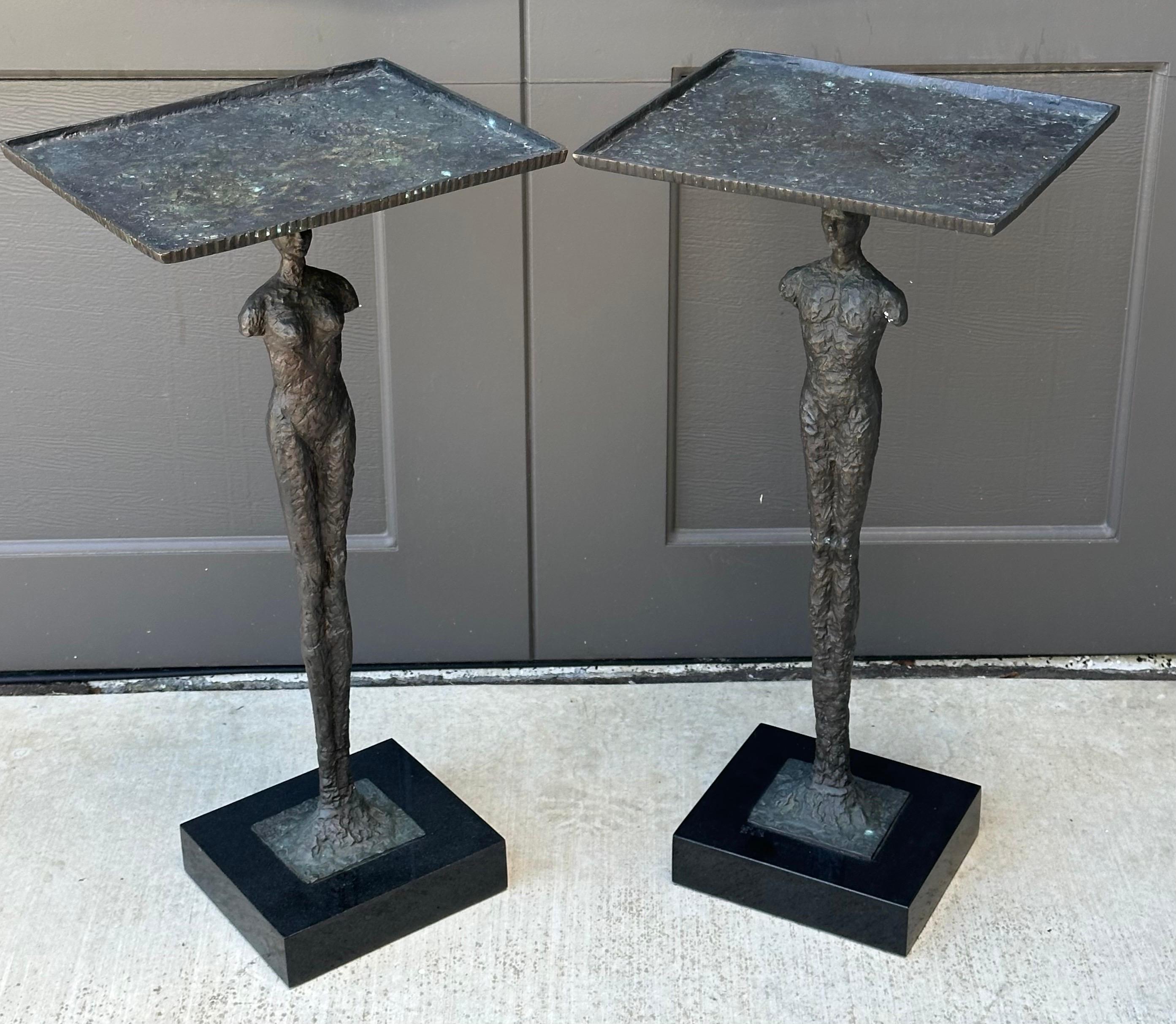 Pair of Figurative Bronze Man & Woman Side Tables in the Style of Giacometti For Sale 4