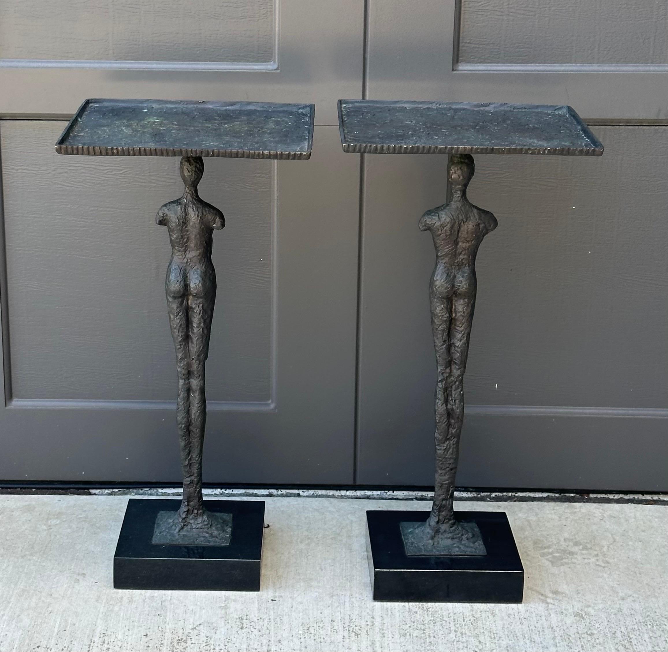 Pair of Figurative Bronze Man & Woman Side Tables in the Style of Giacometti For Sale 5