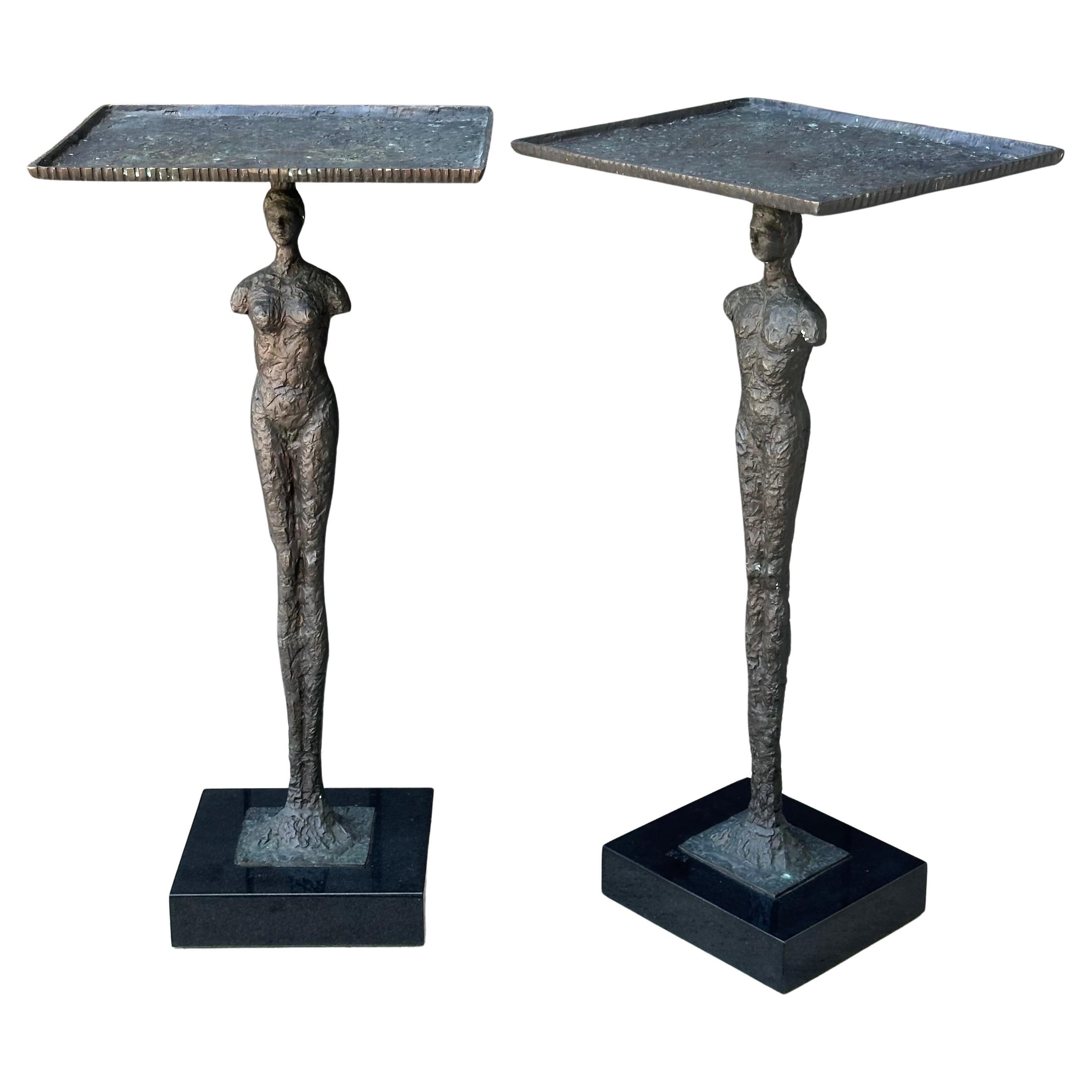 Pair of Figurative Bronze Man & Woman Side Tables in the Style of Giacometti For Sale 13