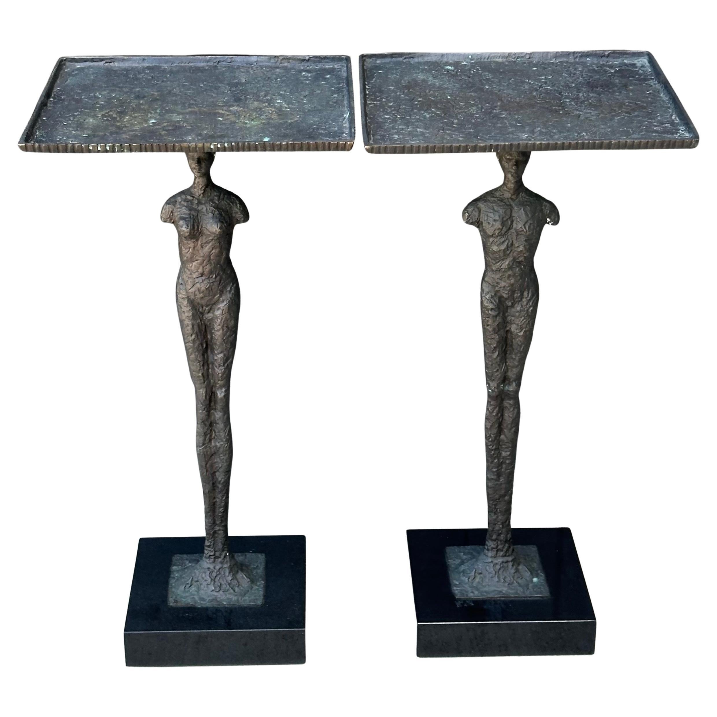 Brutalist Pair of Figurative Bronze Man & Woman Side Tables in the Style of Giacometti For Sale