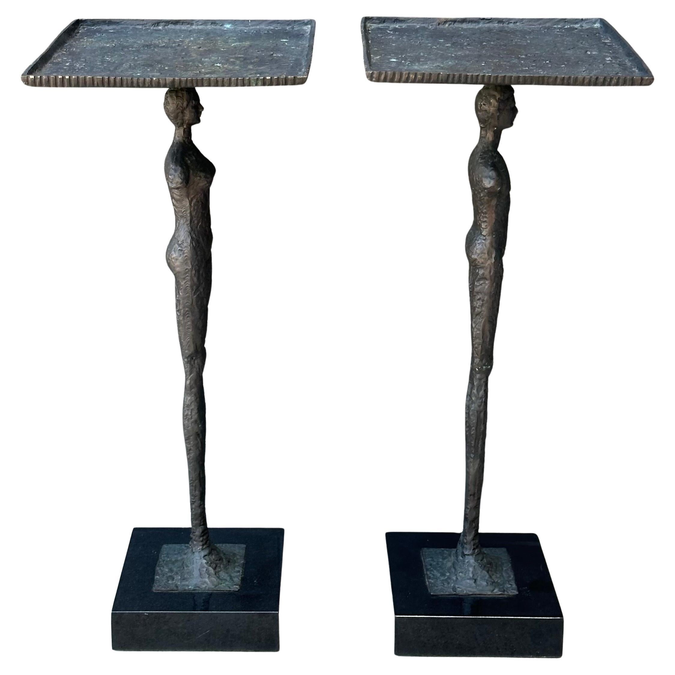American Pair of Figurative Bronze Man & Woman Side Tables in the Style of Giacometti For Sale