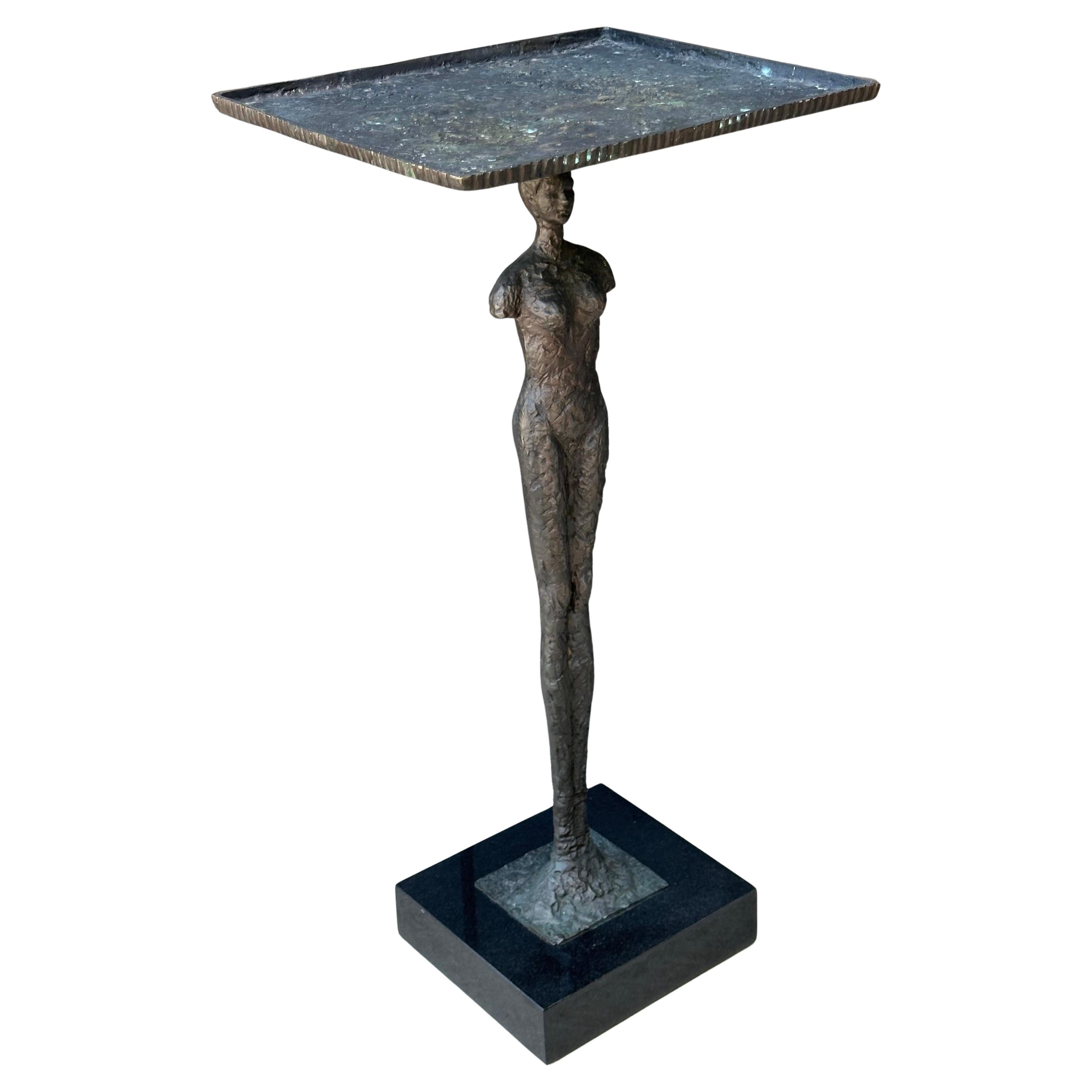 Cast Pair of Figurative Bronze Man & Woman Side Tables in the Style of Giacometti For Sale