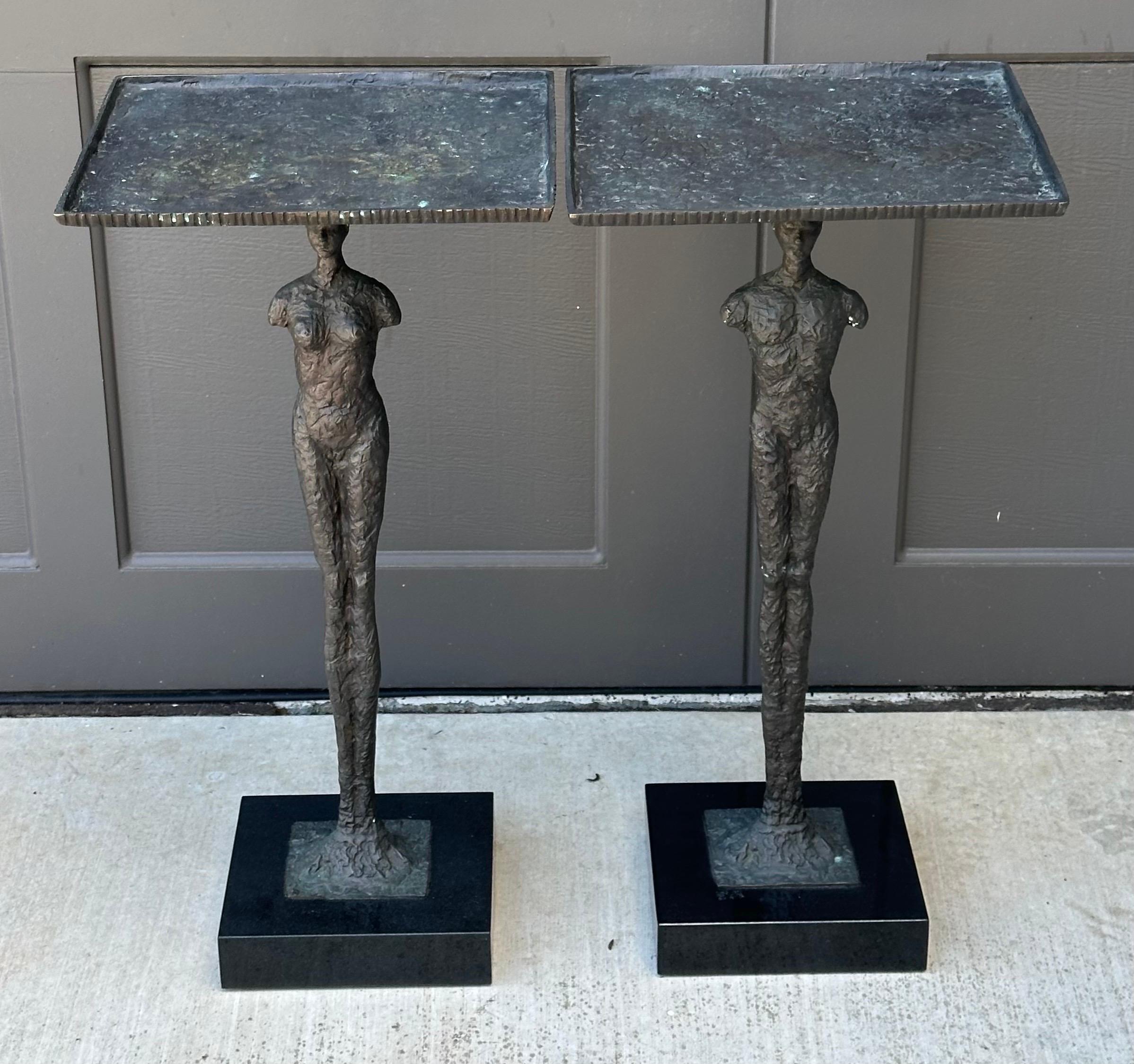 Contemporary Pair of Figurative Bronze Man & Woman Side Tables in the Style of Giacometti For Sale