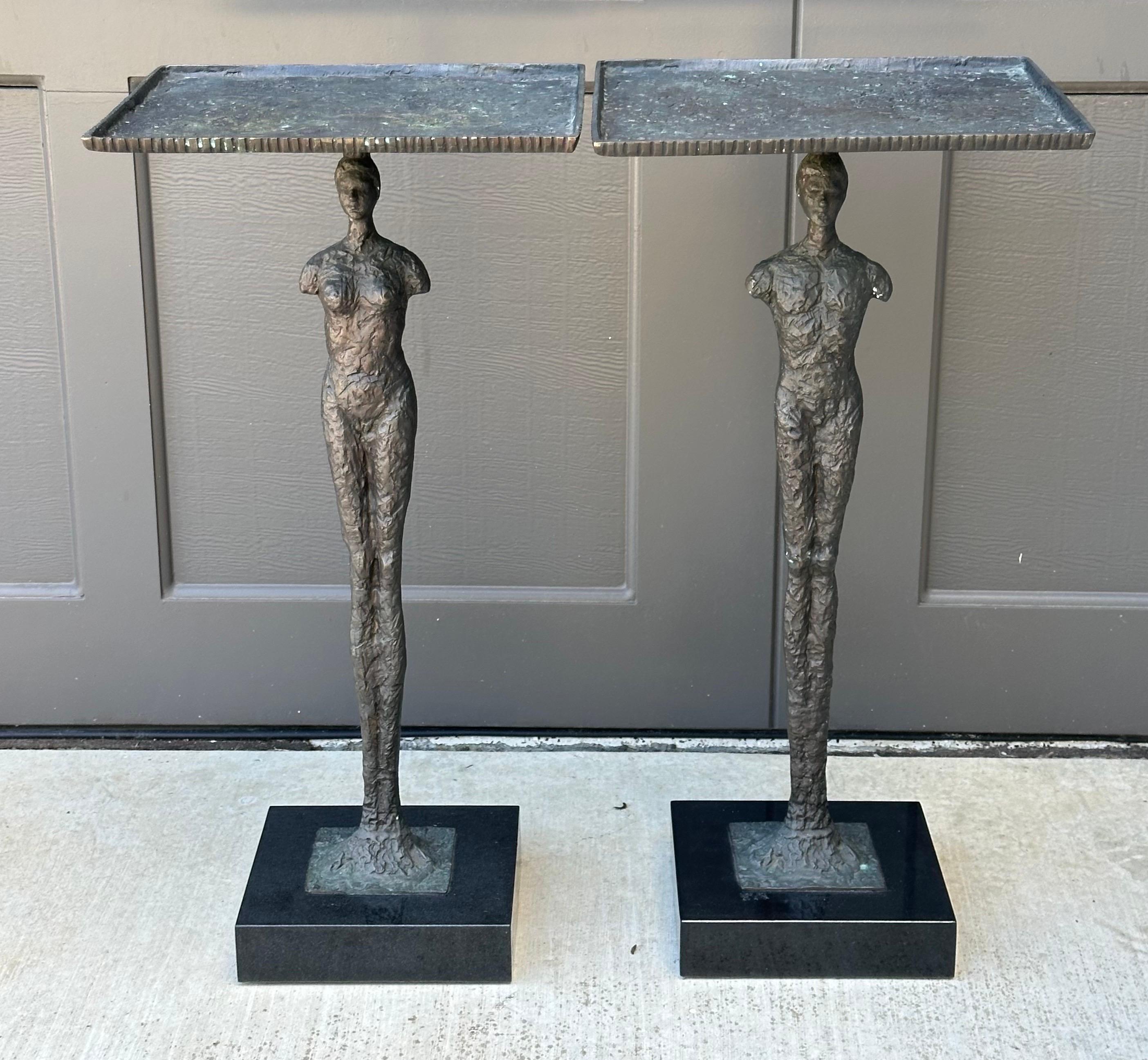 Pair of Figurative Bronze Man & Woman Side Tables in the Style of Giacometti For Sale 1
