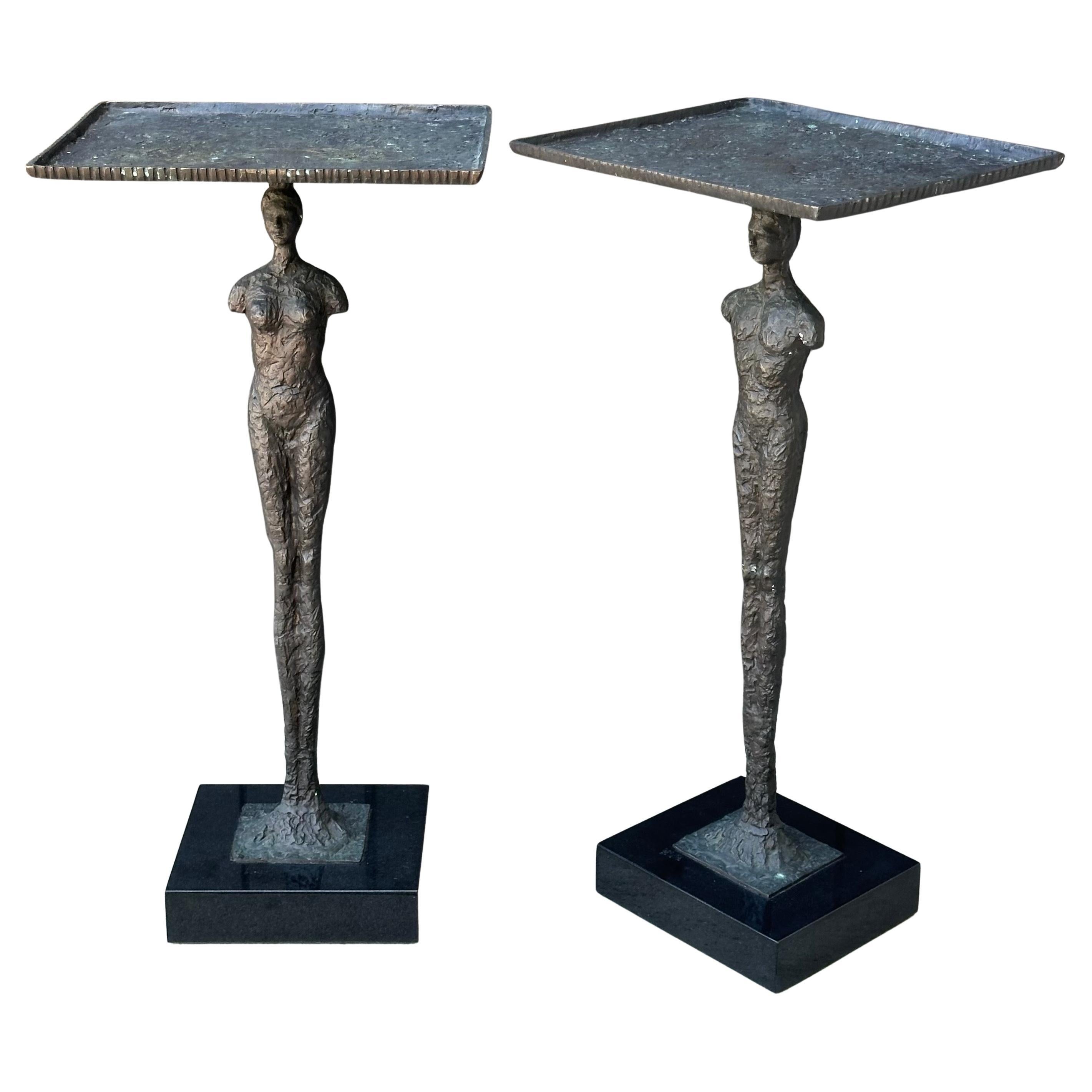Pair of Figurative Bronze Man & Woman Side Tables in the Style of Giacometti For Sale