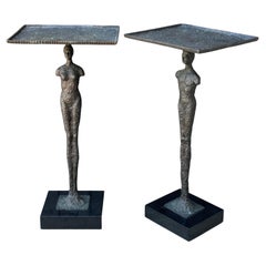 Pair of Figurative Bronze Man & Woman Side Tables in the Style of Giacometti