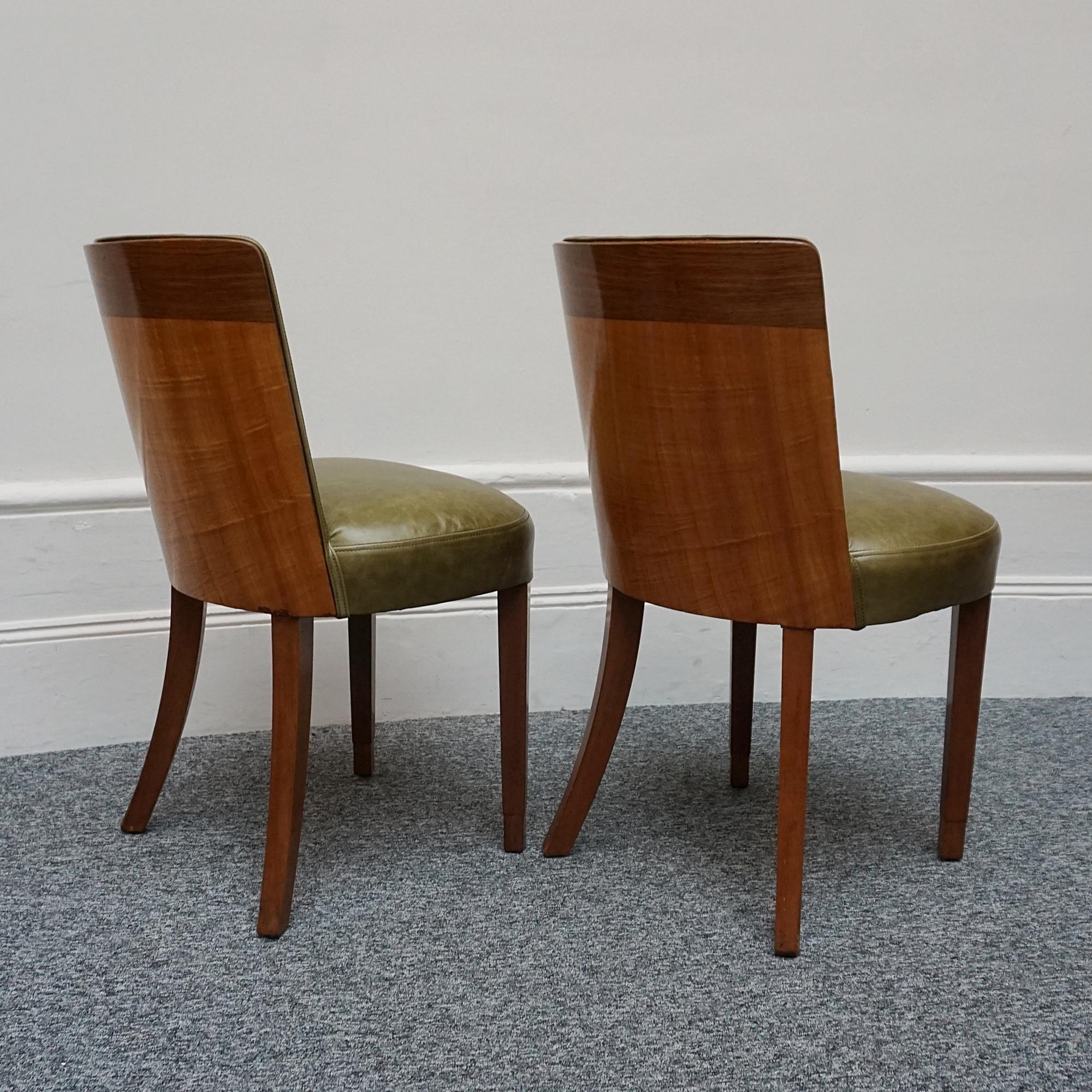 Pair of Figured Walnut Veneered Art Deco Side Chairs Green Leather Upholstery 5