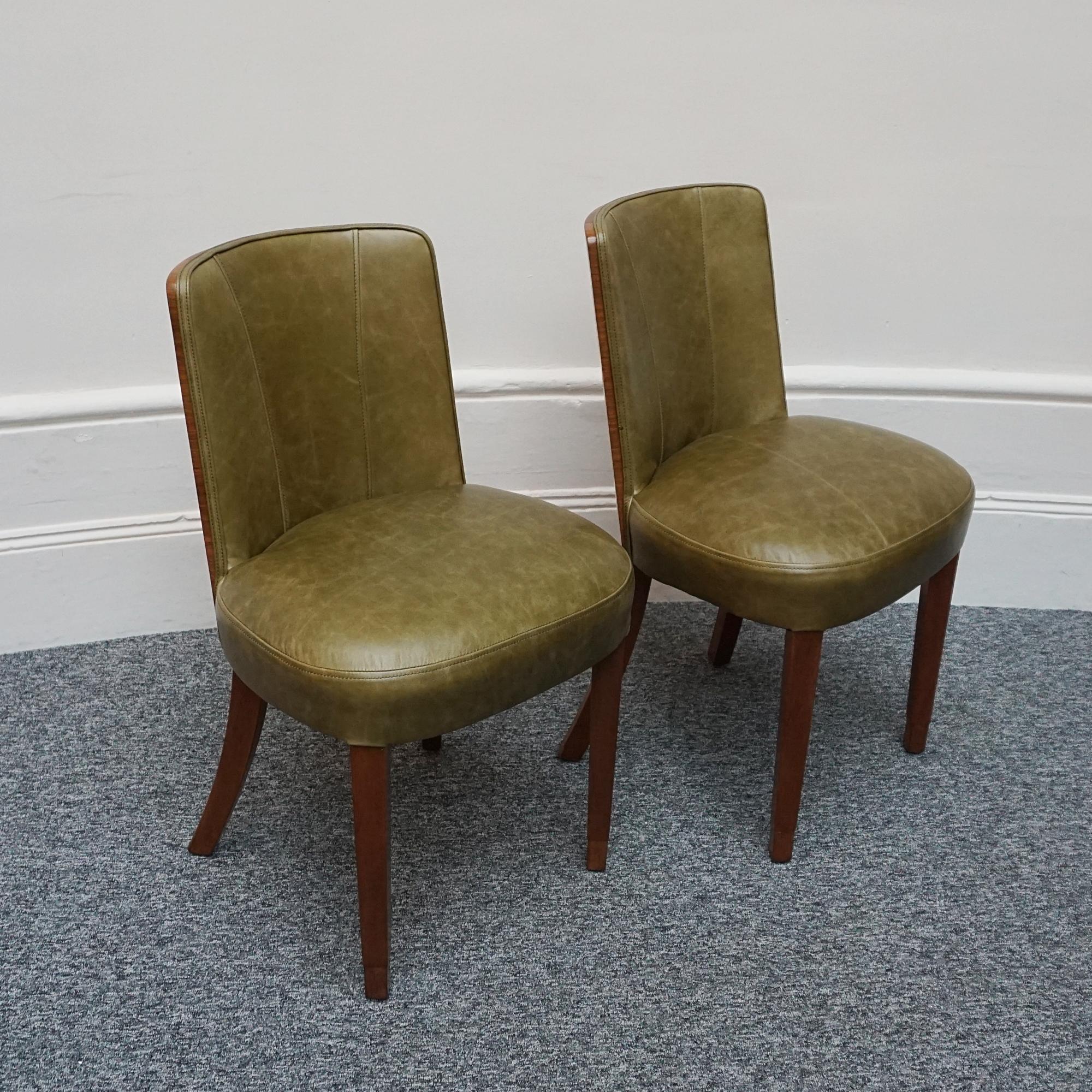 English Pair of Figured Walnut Veneered Art Deco Side Chairs Green Leather Upholstery
