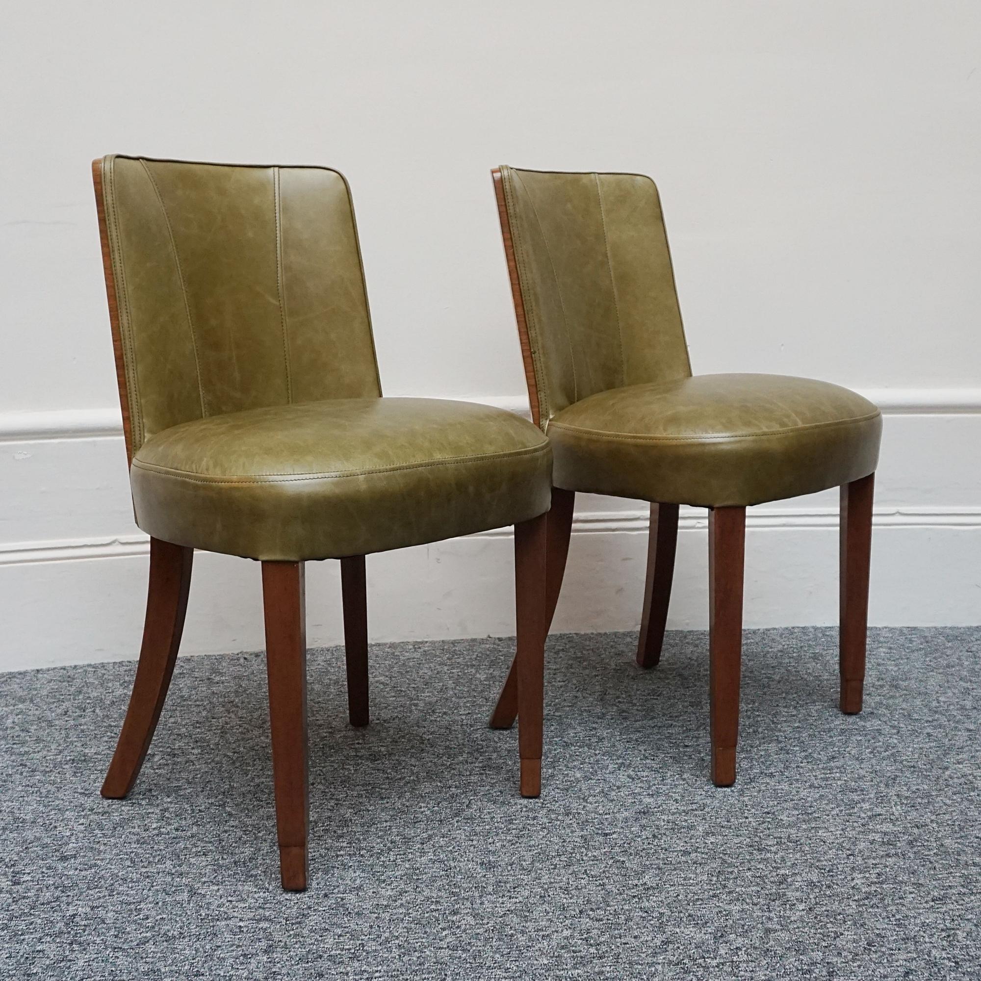 Pair of Figured Walnut Veneered Art Deco Side Chairs Green Leather Upholstery In Good Condition In Forest Row, East Sussex