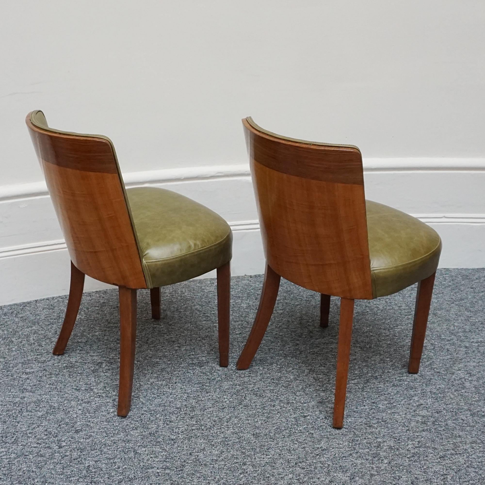 Early 20th Century Pair of Figured Walnut Veneered Art Deco Side Chairs Green Leather Upholstery