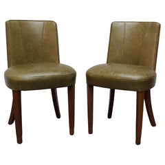 Pair of Figured Walnut Veneered Art Deco Side Chairs Green Leather Upholstery