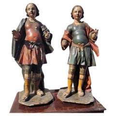 Pair Of Figures, Polychrome Carved Wooden Saints, 17th Century