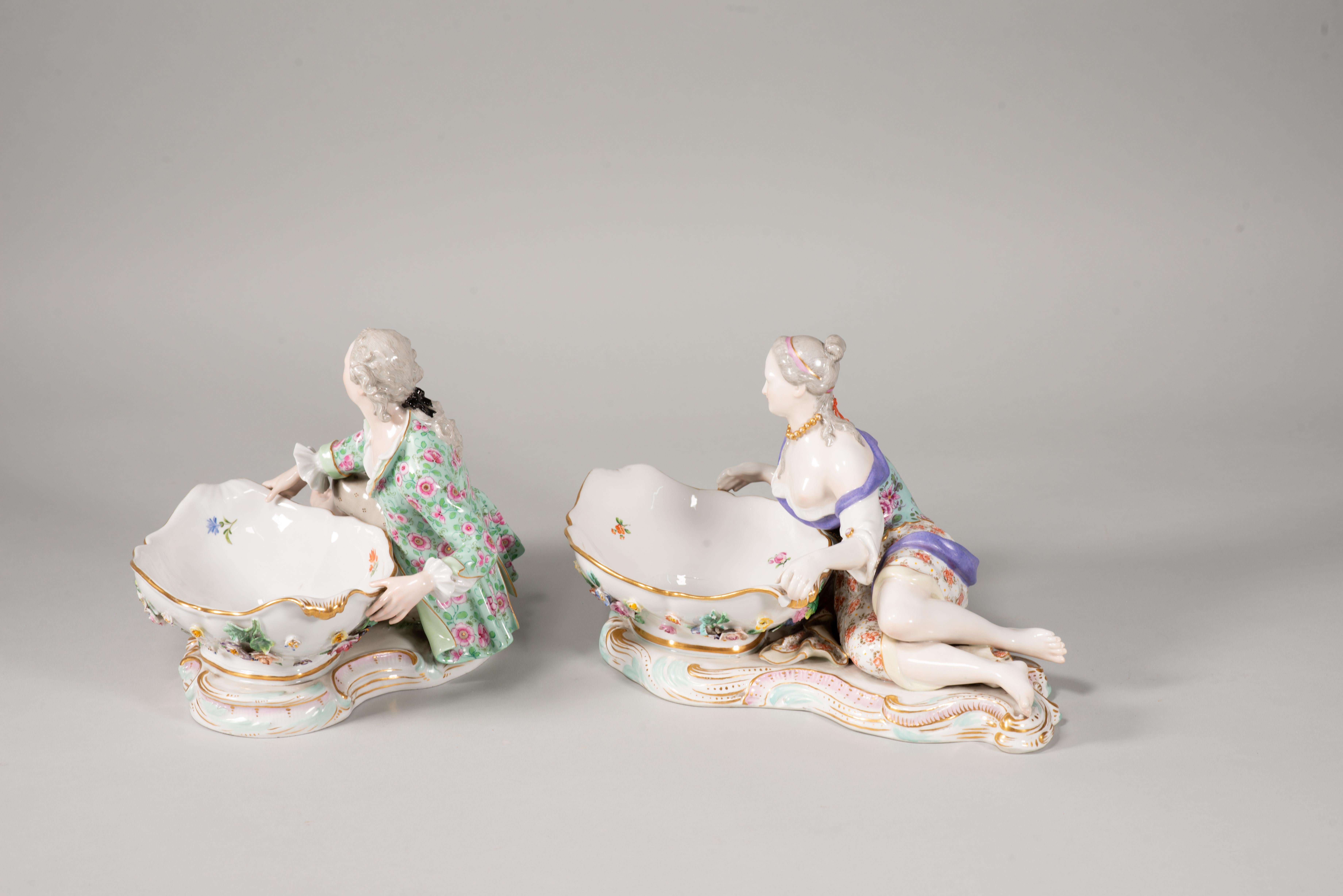 Other Pair of figurine jam trays. Enameled porcelain. Meissen, late 19th century. For Sale