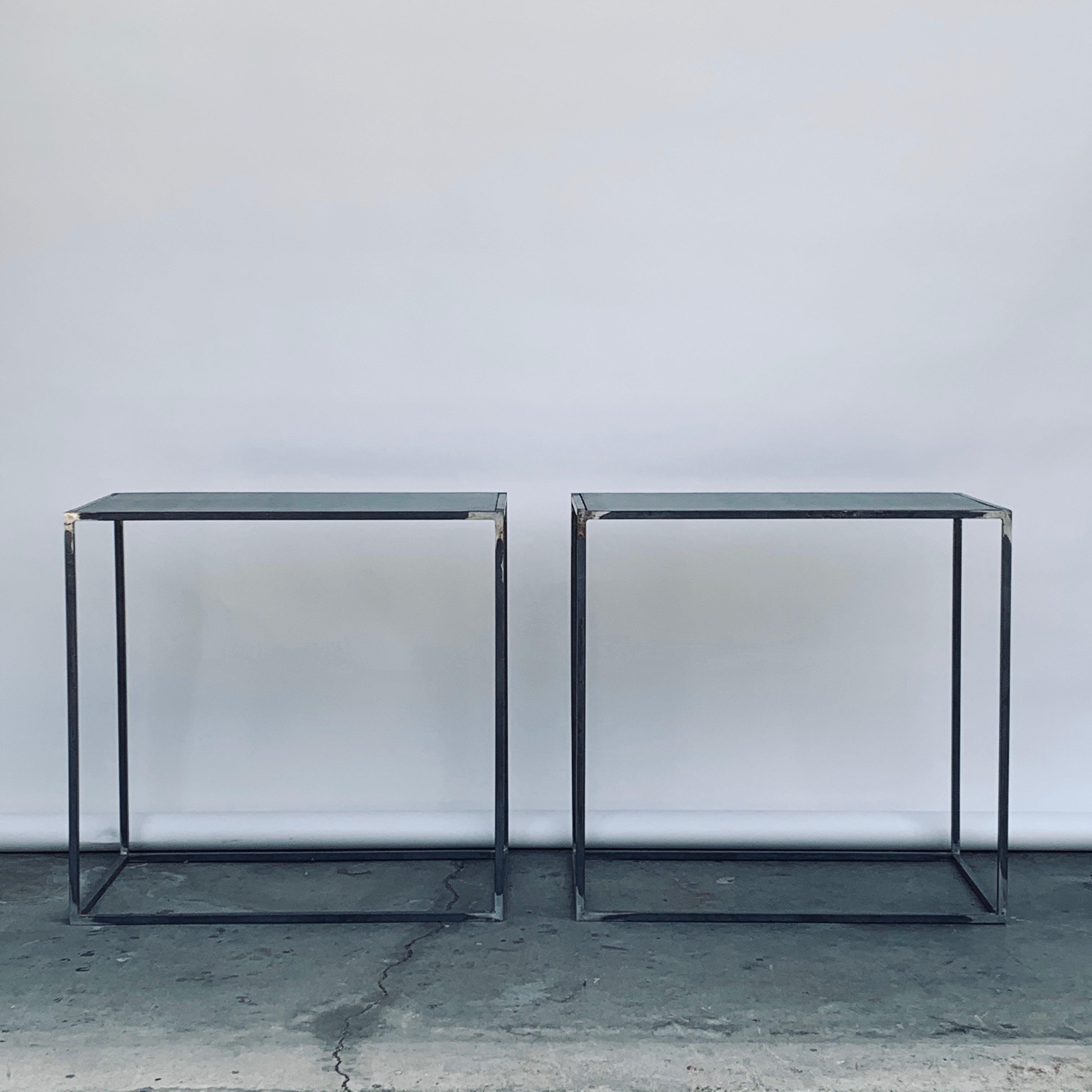 American Pair of 'Filiforme' Patinated Steel Minimalist Side Tables by Design Frères For Sale